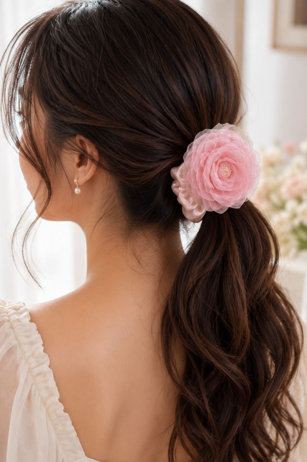 Blush Bloom Hair Tie, Pink Sheer Mesh Floral Hair Accessory