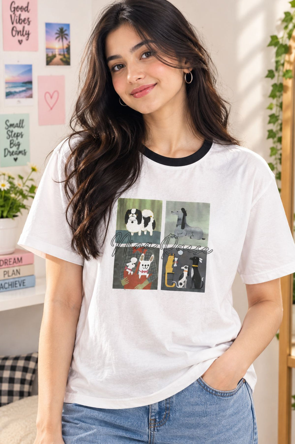 Luna White Round Neck Half Sleeve T-Shirt