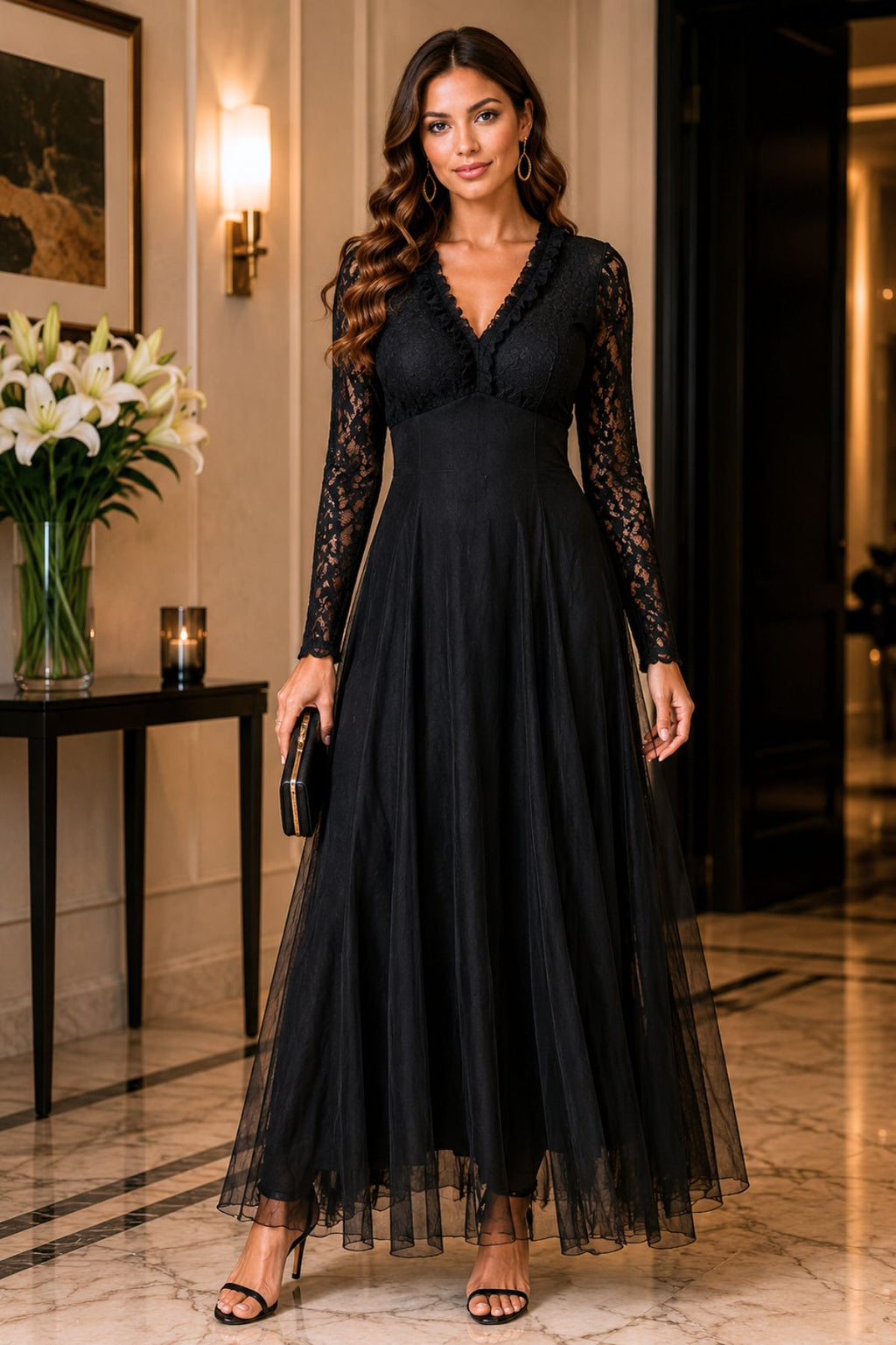 Lace And Tulle Midi Dress With Long Sleeves