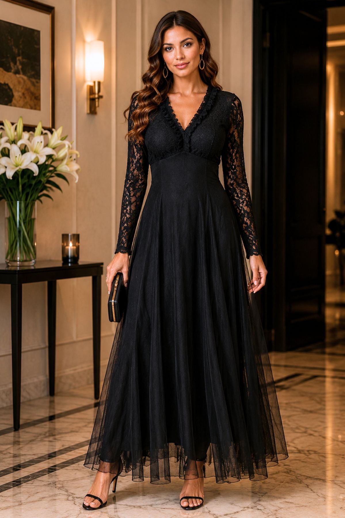 Lace And Tulle Midi Dress With Long Sleeves