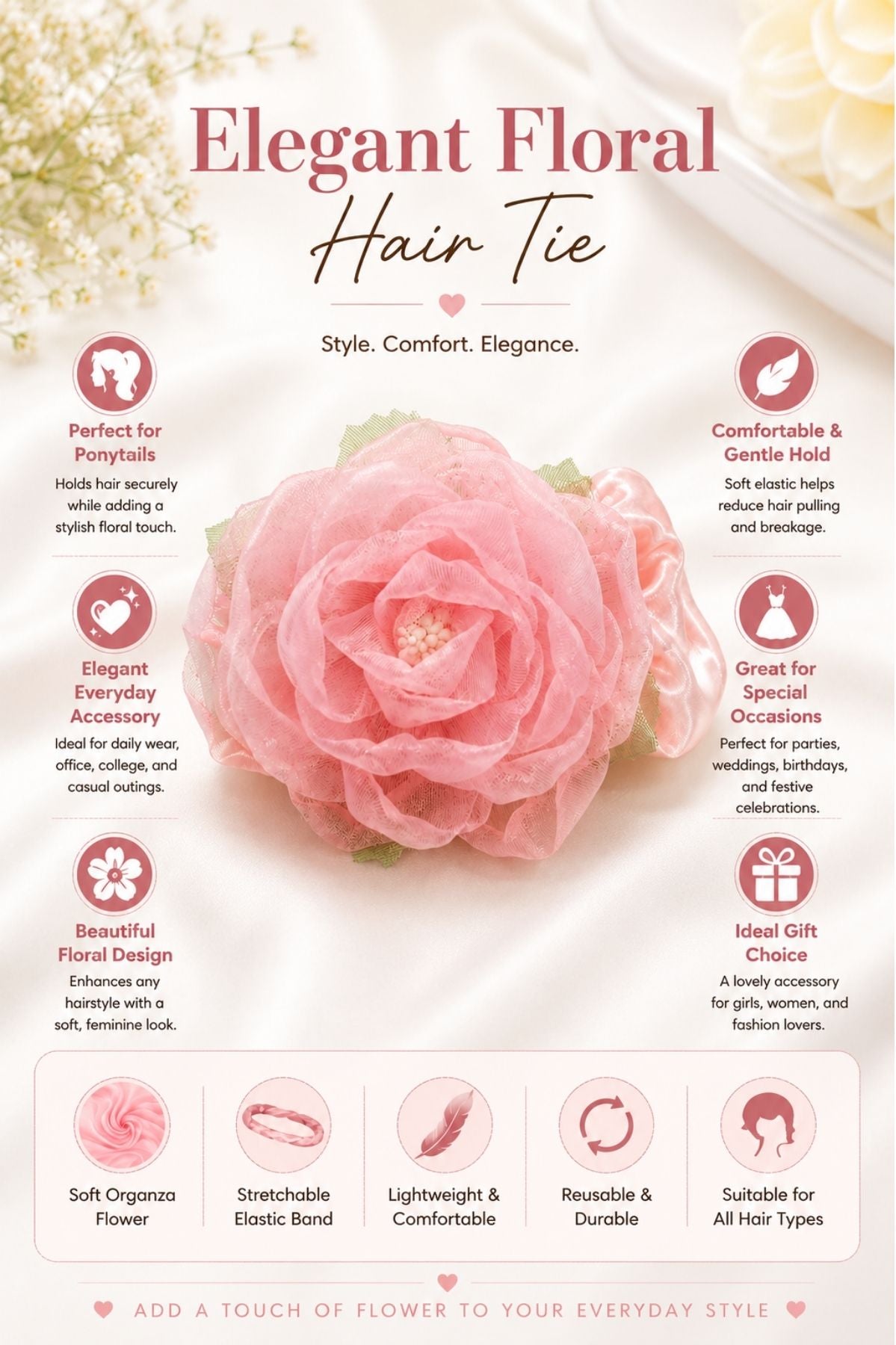 Blush Bloom Hair Tie, Pink Sheer Mesh Floral Hair Accessory