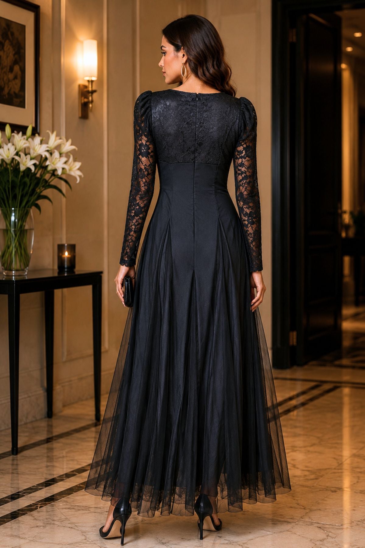 Lace And Tulle Midi Dress With Long Sleeves