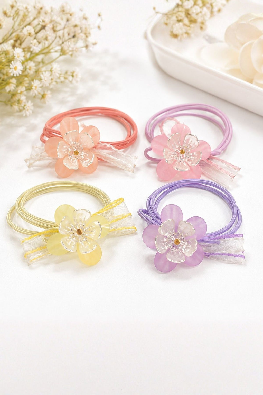 Multi-Coloured Flower Hair Tie - 4 Piece Pack