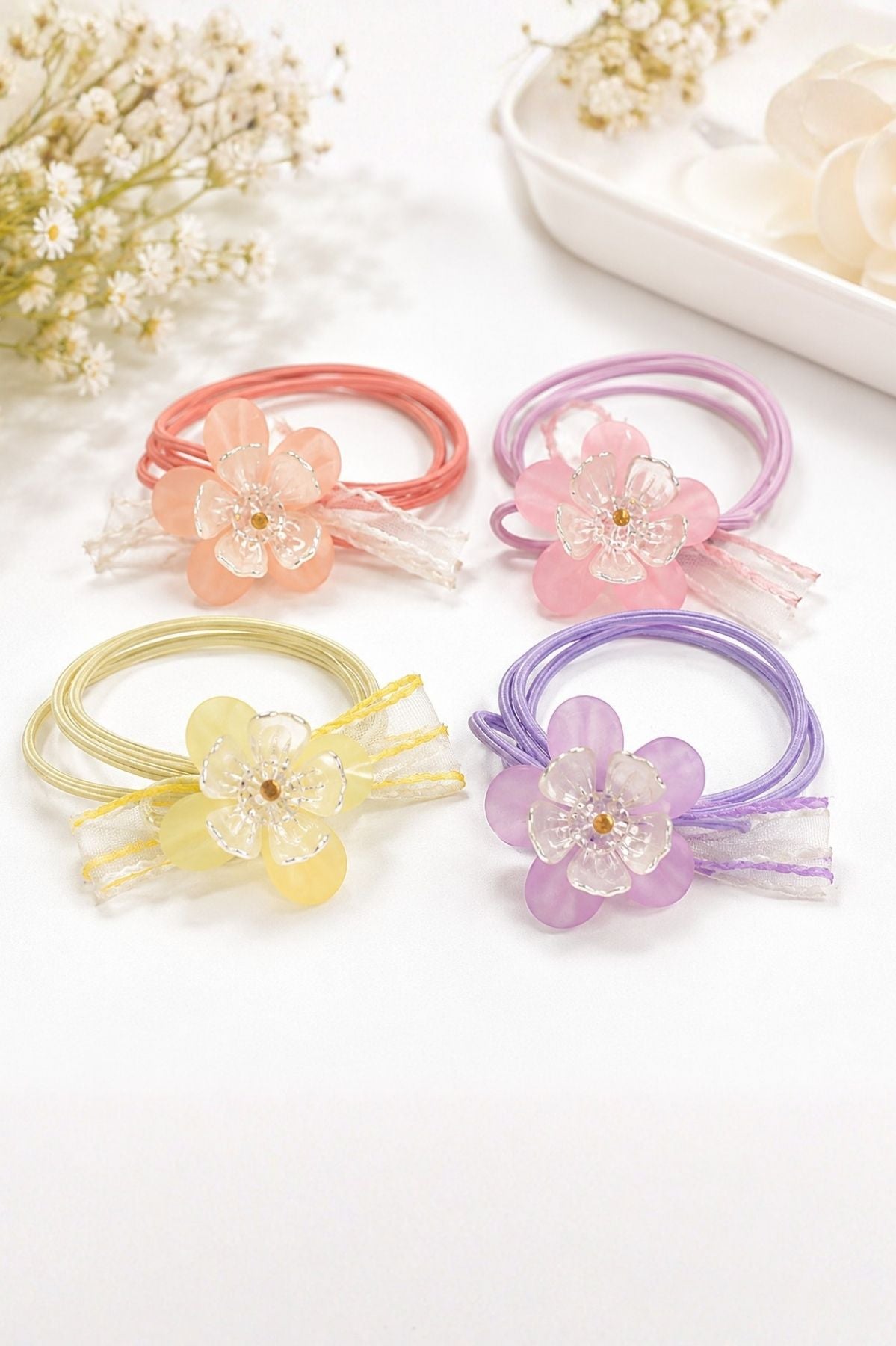 Multi-Coloured Flower Hair Tie - 4 Piece Pack