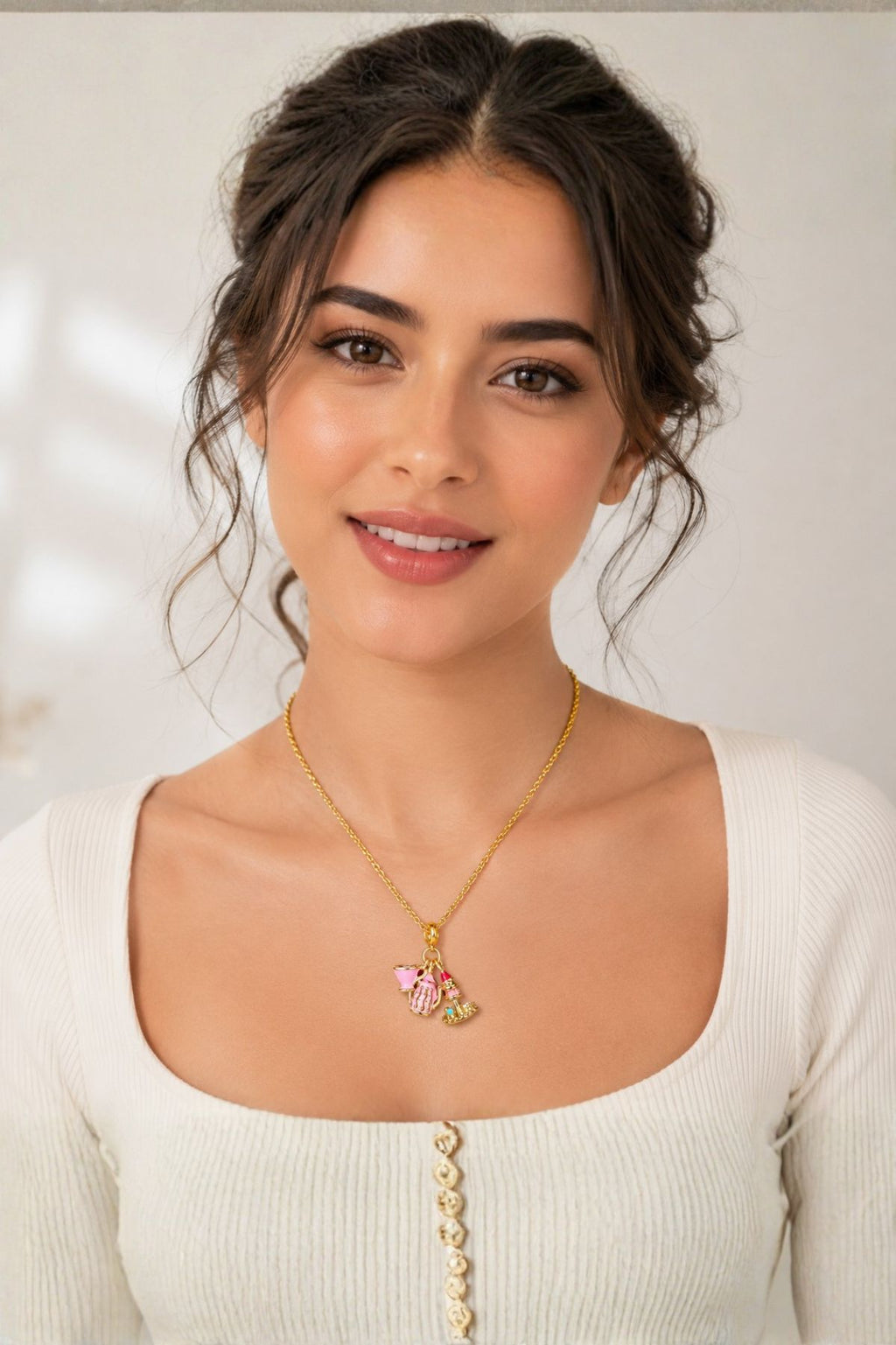 Pink Enamel Charms Pendant Chain
