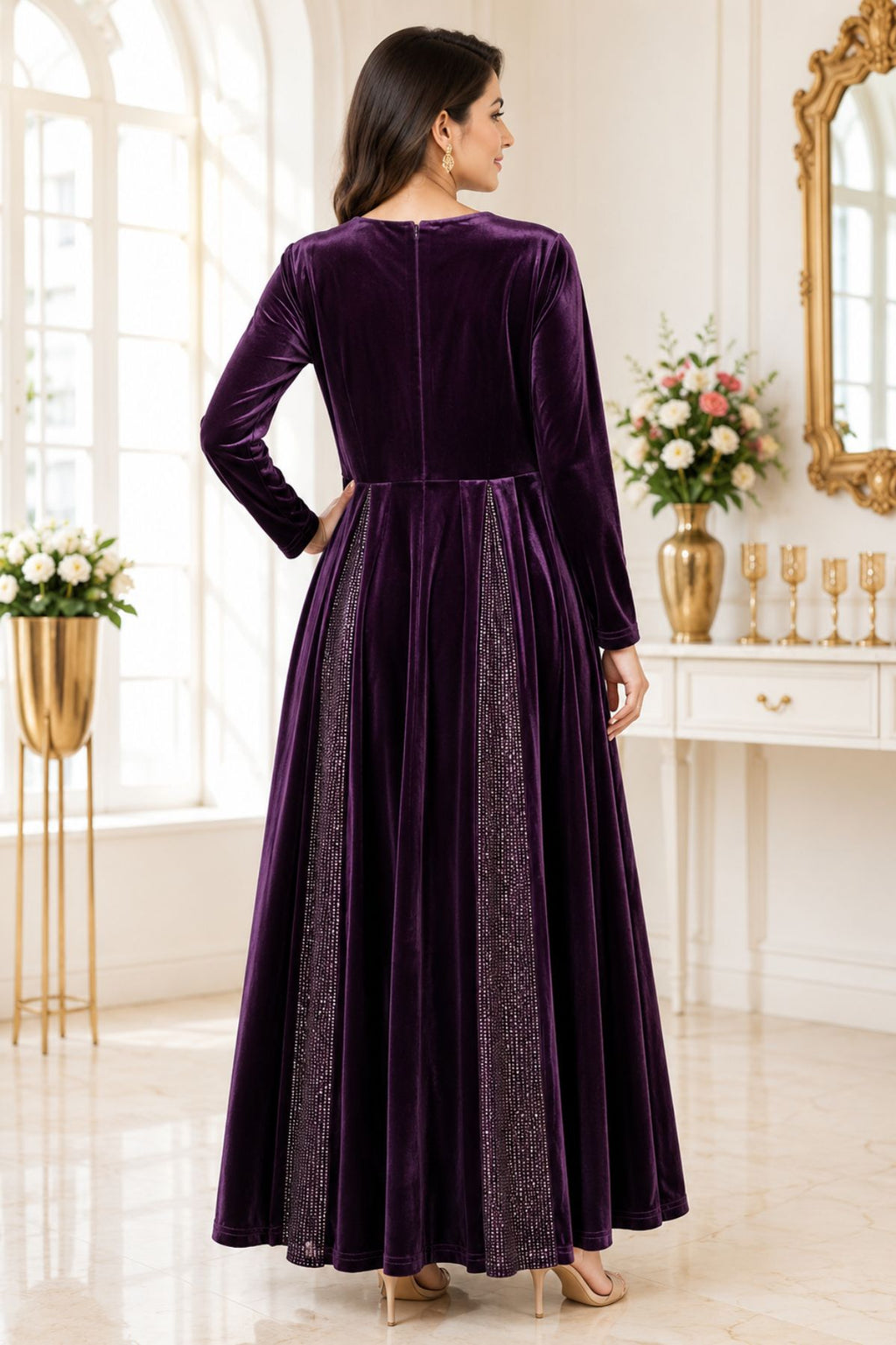 Deep Purple Velvet Long-Sleeve Long Dress