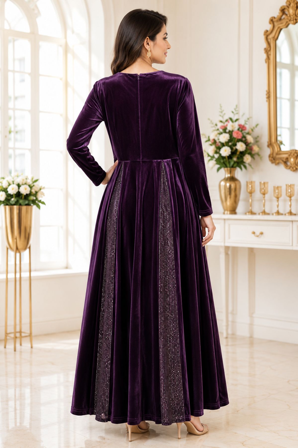Deep Purple Velvet Long-Sleeve Long Dress