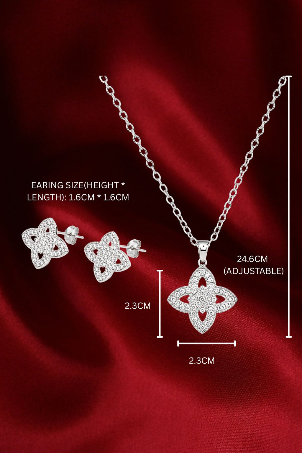 Four-Leaf Crystal Pendant Necklace & Earrings Set Silver Jewelry