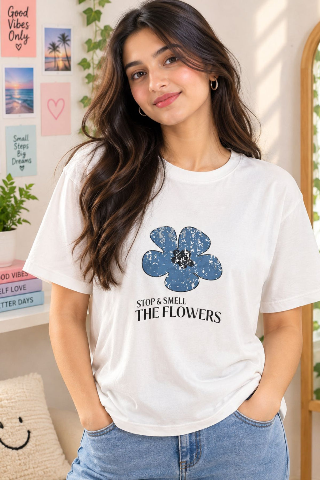 Myra White Floral Graphic Round Neck Half Sleeve T-Shirt