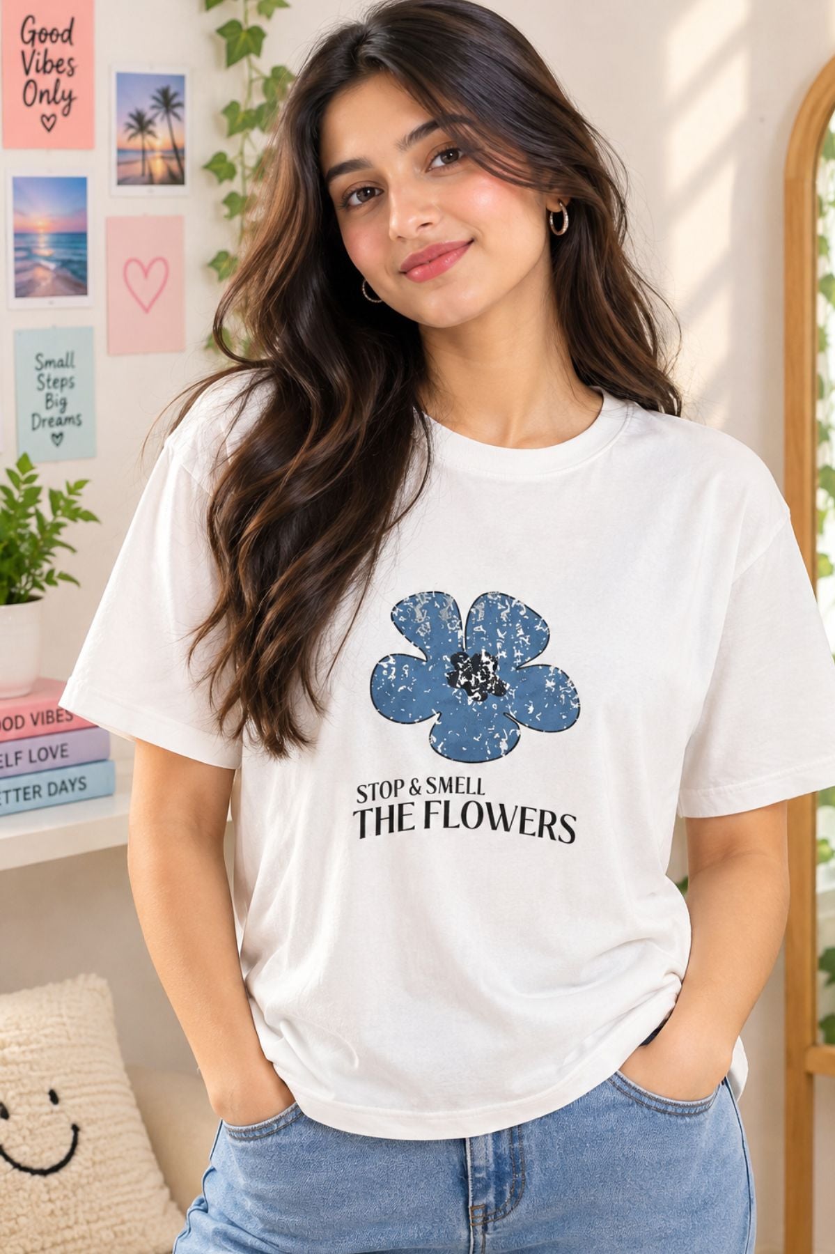 Myra White Floral Graphic Round Neck Half Sleeve T-Shirt