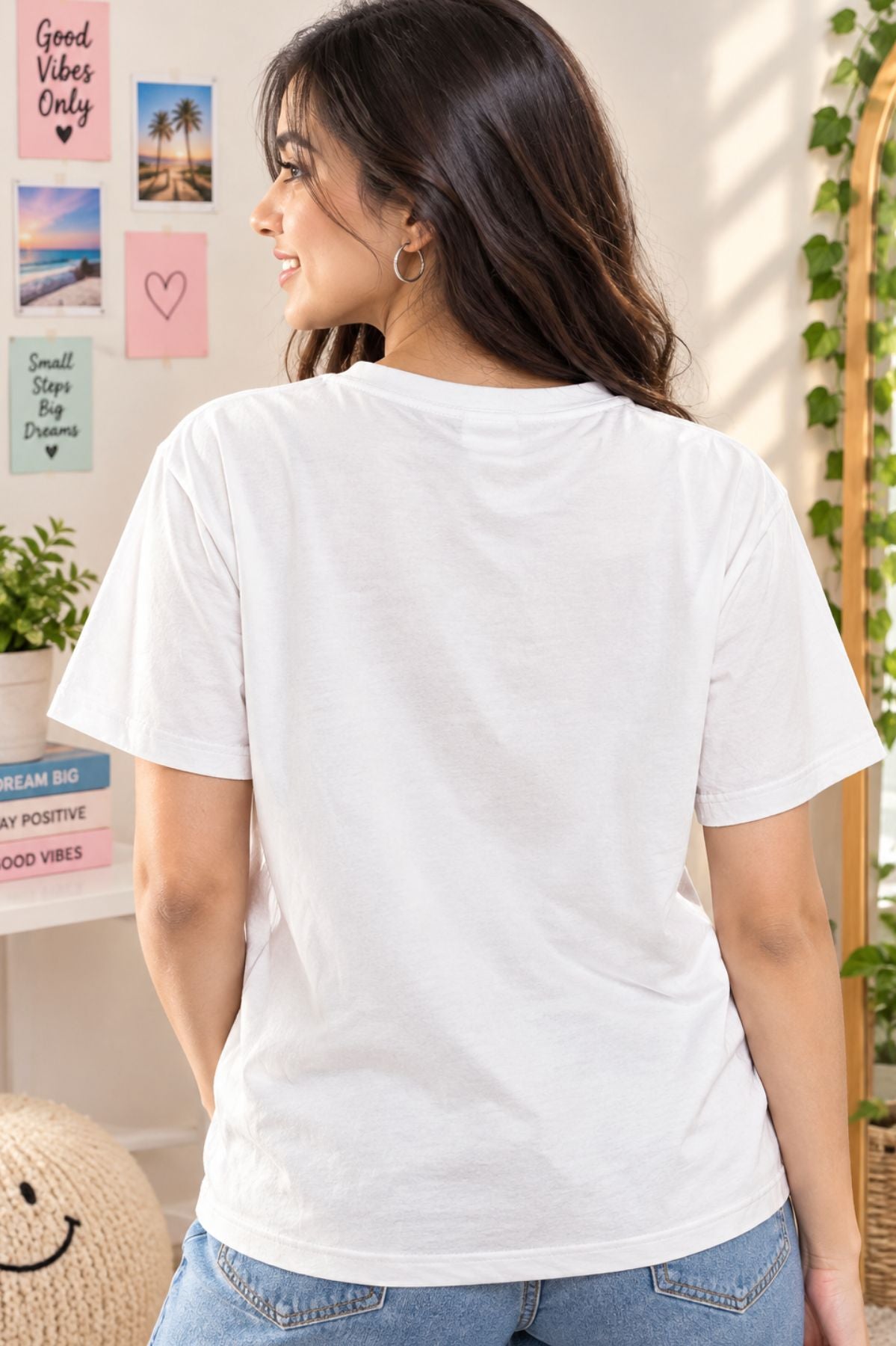 Myra White Floral Graphic Round Neck Half Sleeve T-Shirt