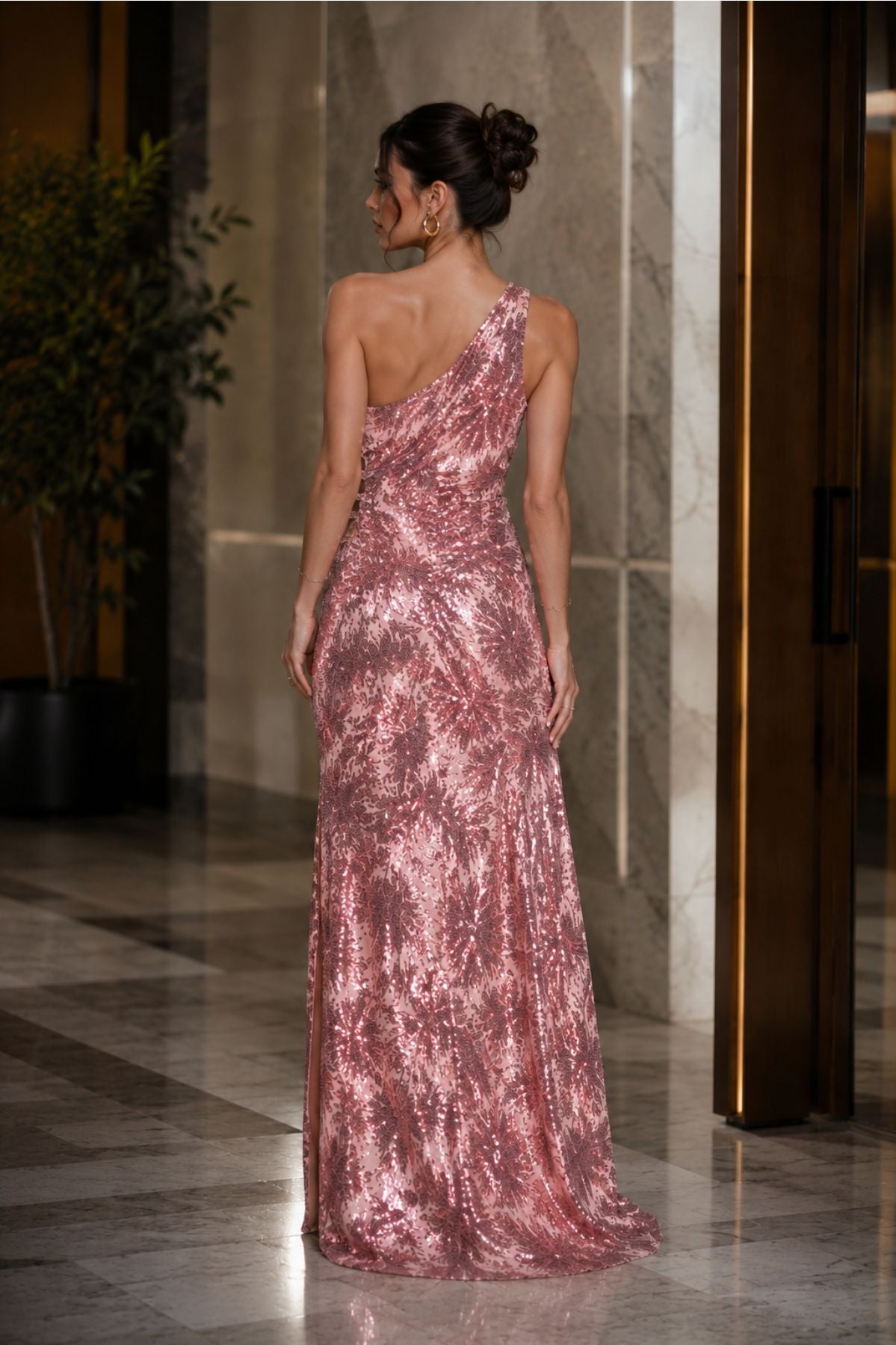 Rose Gold One Shoulder Prom Gown for Elegant Party Glam Style Wear. – FairyTales Casa