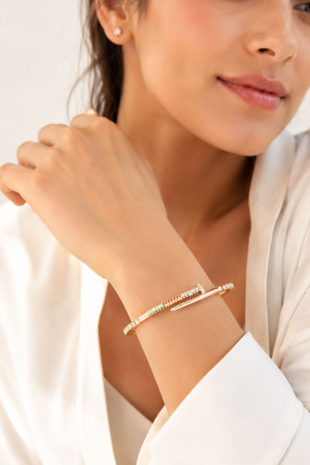 Gold-Toned Crystal Nail Design Bracelet
