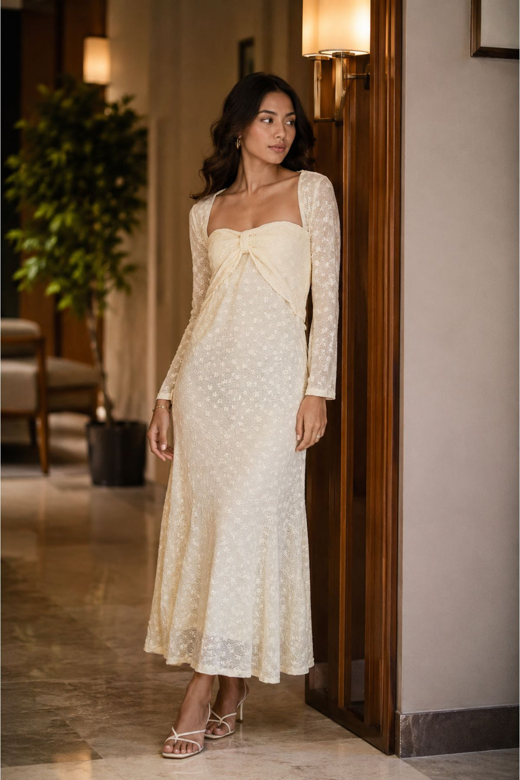 Cream Floral Lace Long-Sleeve Dress