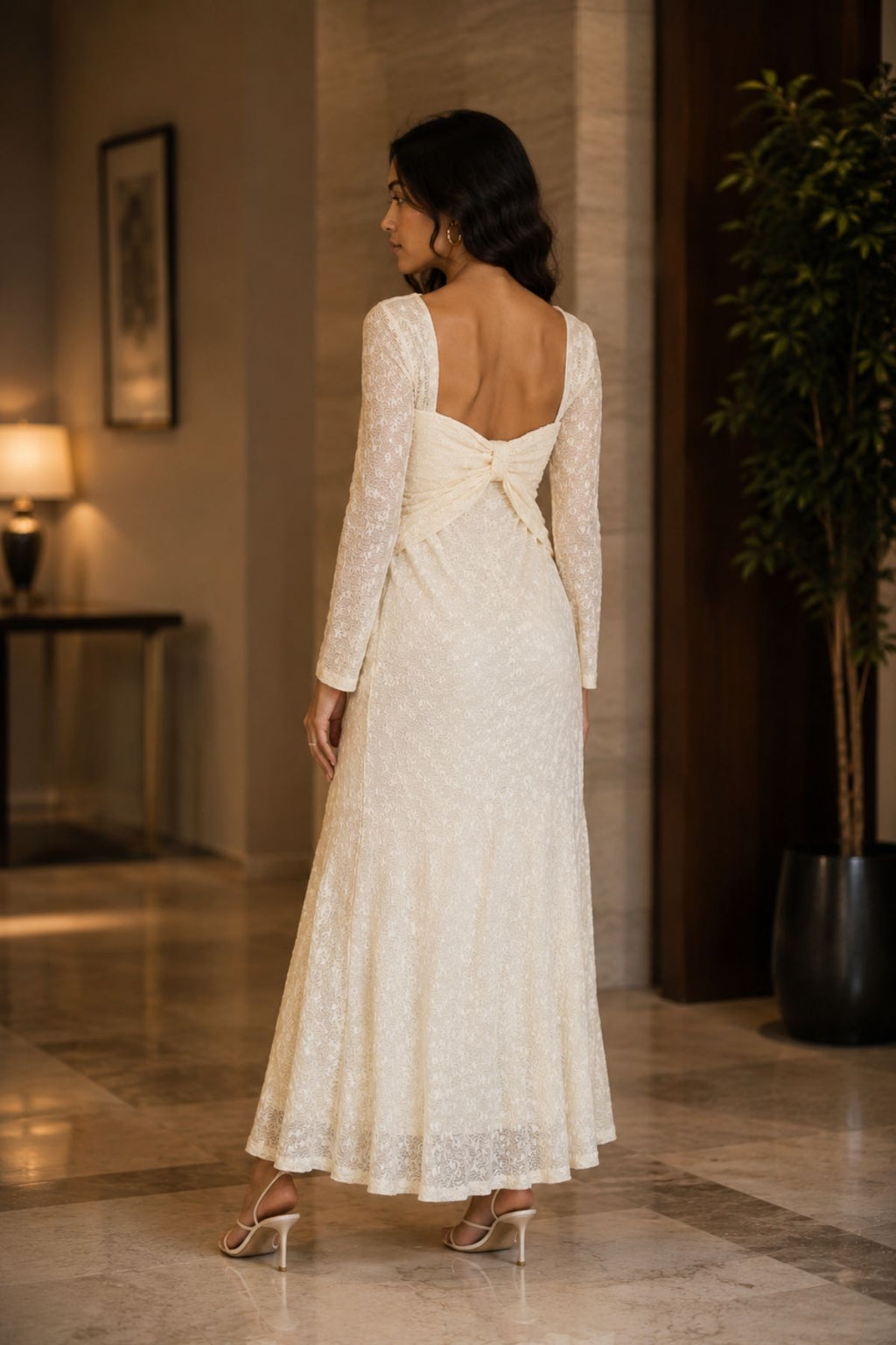 Cream Floral Lace Long-Sleeve Dress