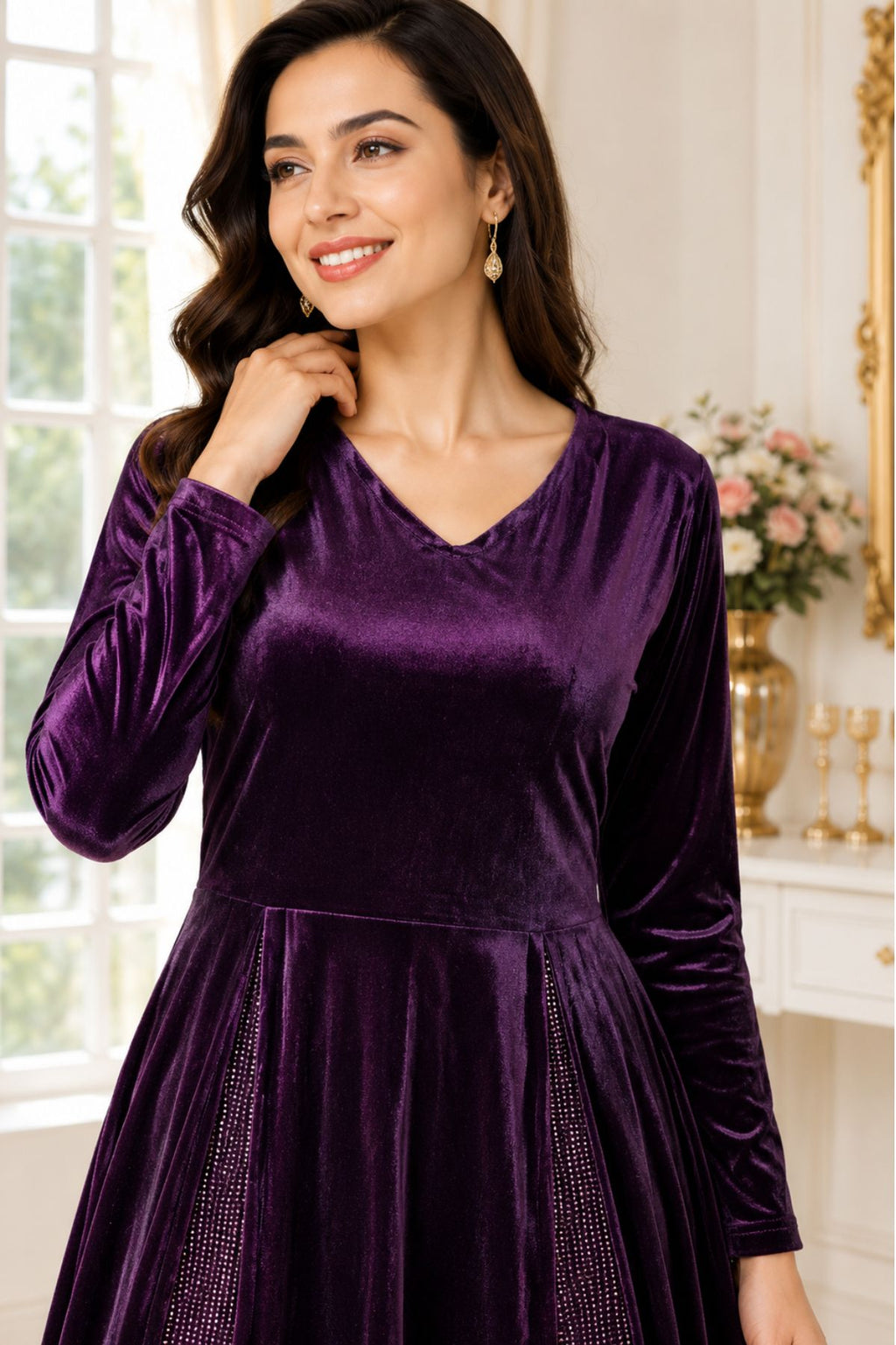 Deep Purple Velvet Long-Sleeve Long Dress