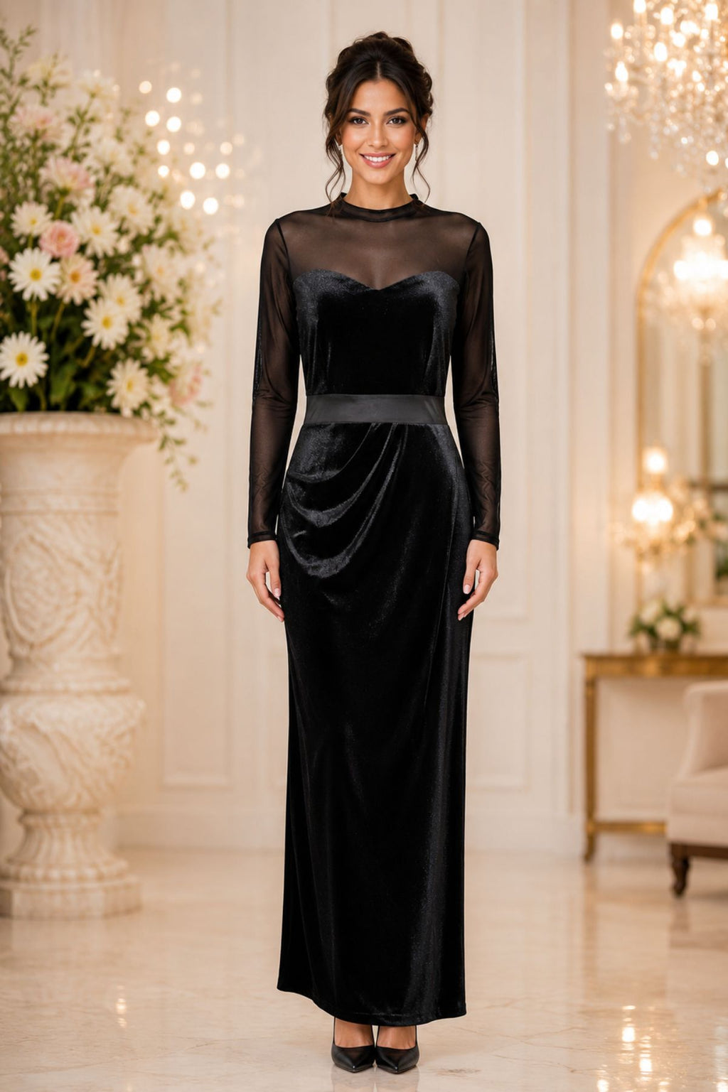 Sheer Mesh Long-Sleeved Midi Dress