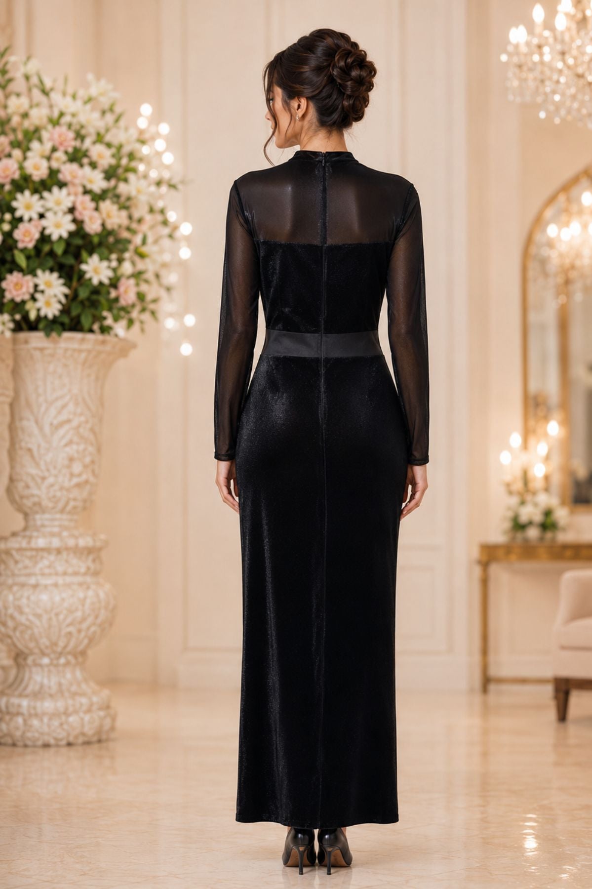 Sheer Mesh Long-Sleeved Midi Dress