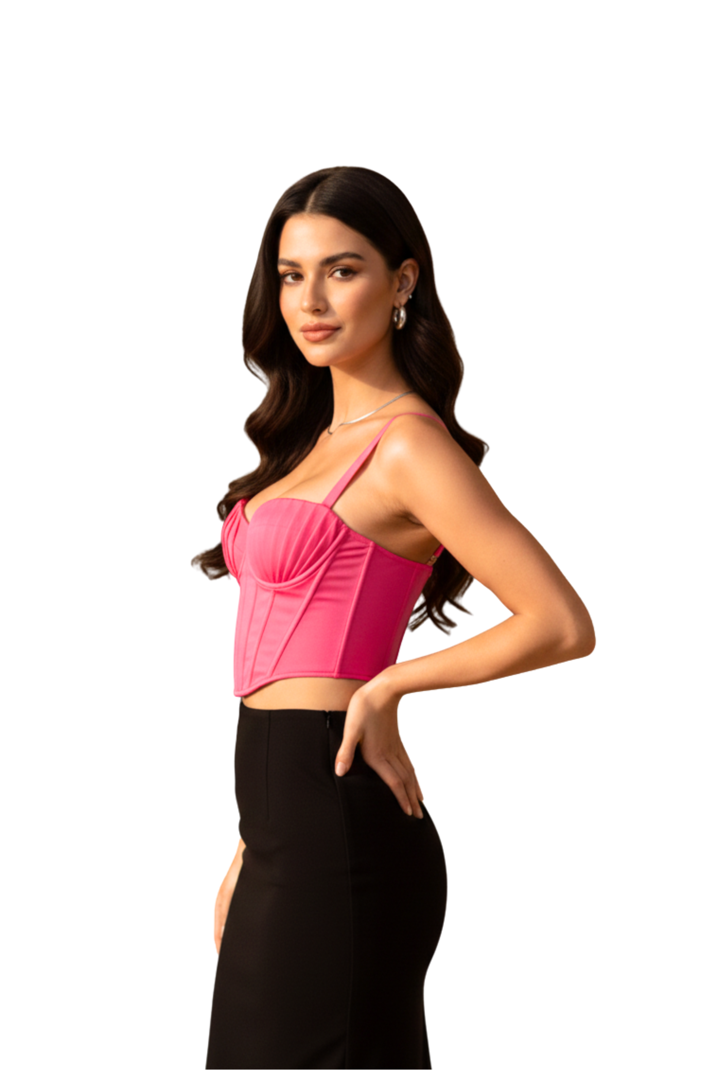 Hot Pink Pleated Bustier Crop Top with Boning