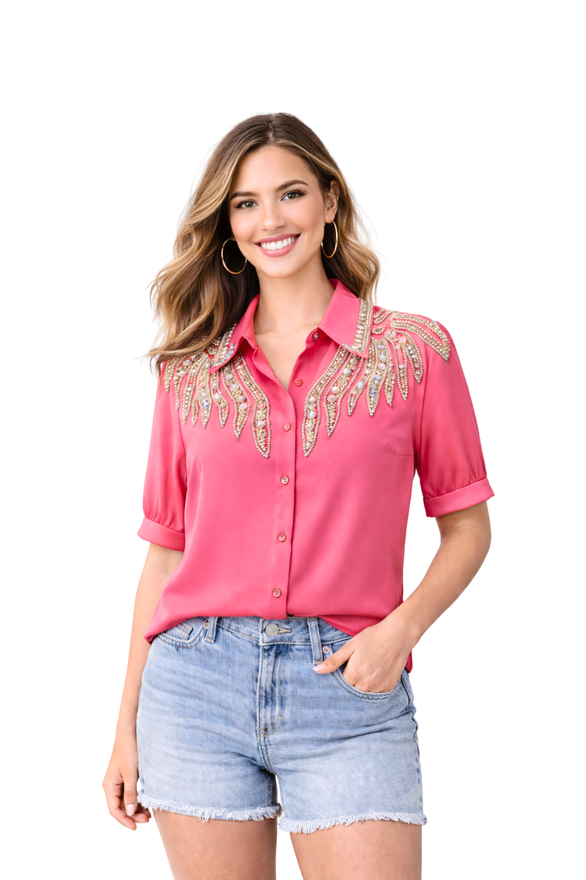 Rose Pink Crystal-Embellished Collared Shirt Top