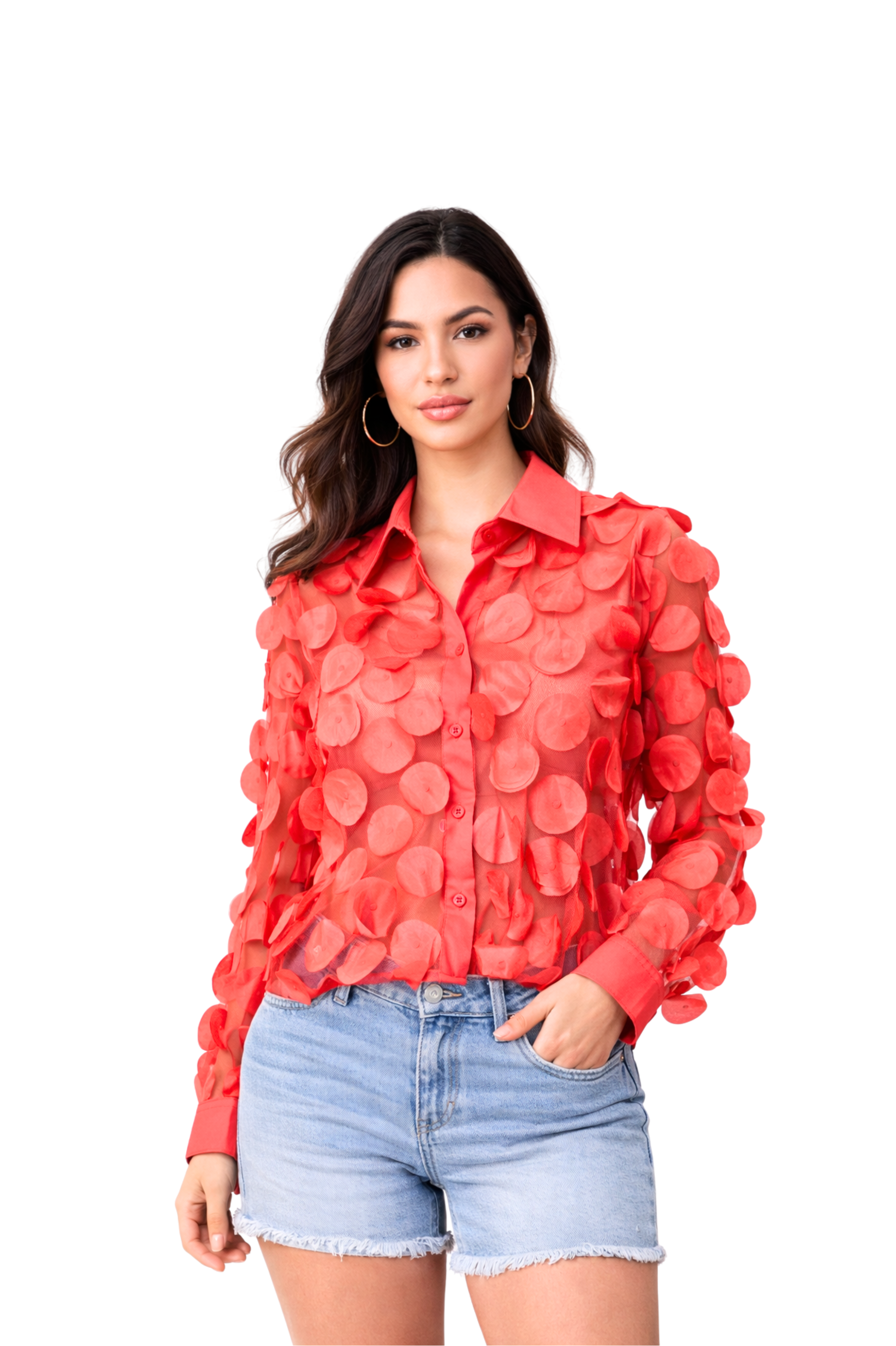 Coral Red 3D Floral Appliqué Mesh Shirt Top for Women