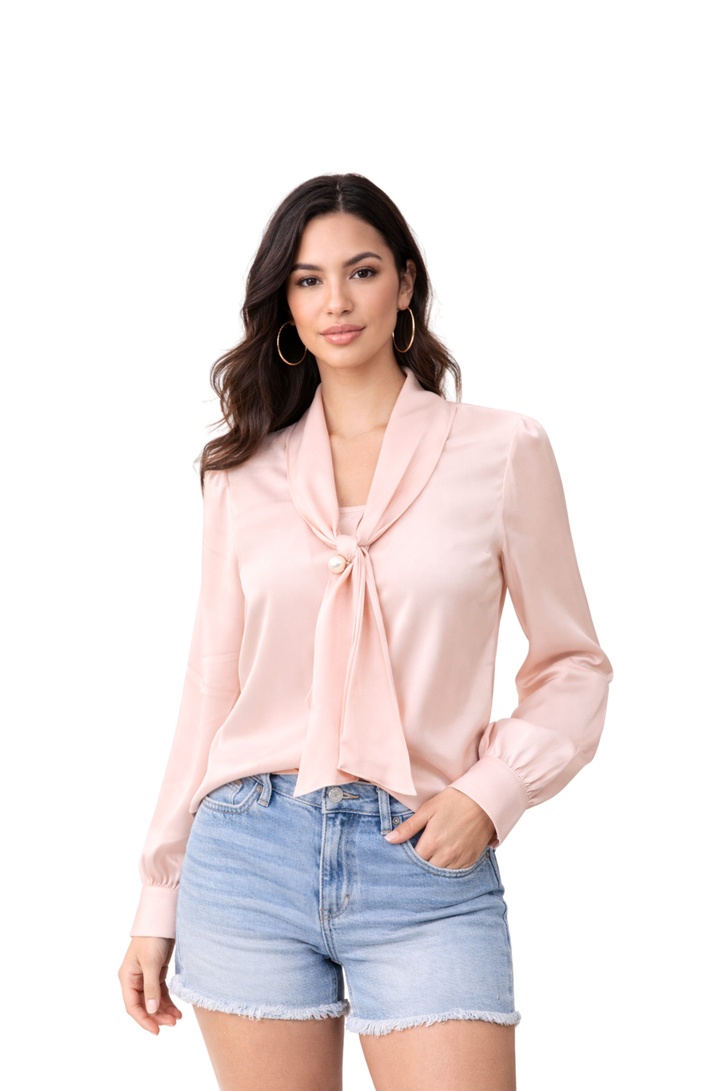 Blush Pink Elegant Bow Neck Office Wear Top for Women