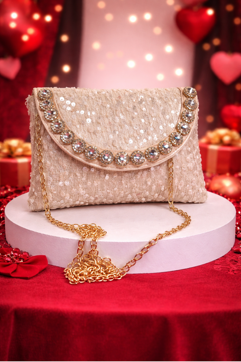 Luxury Cream Stone Studded Party Clutch with Gold Chain Strap