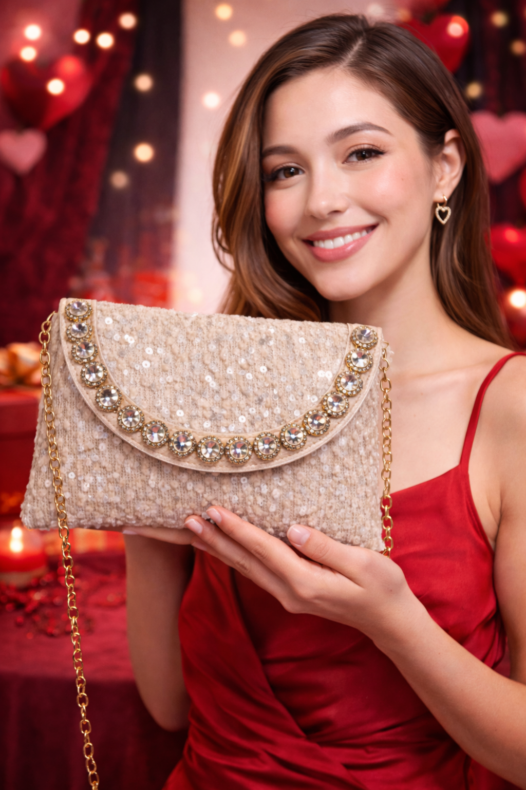 Luxury Cream Stone Studded Party Clutch with Gold Chain Strap
