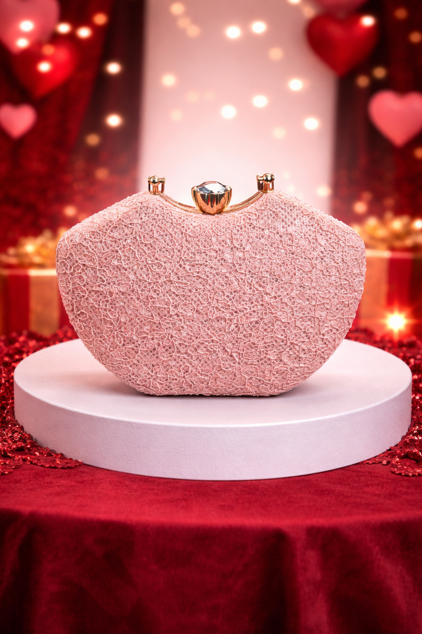 Luxury Peach Embroidered Bridal Clutch with Metal Frame