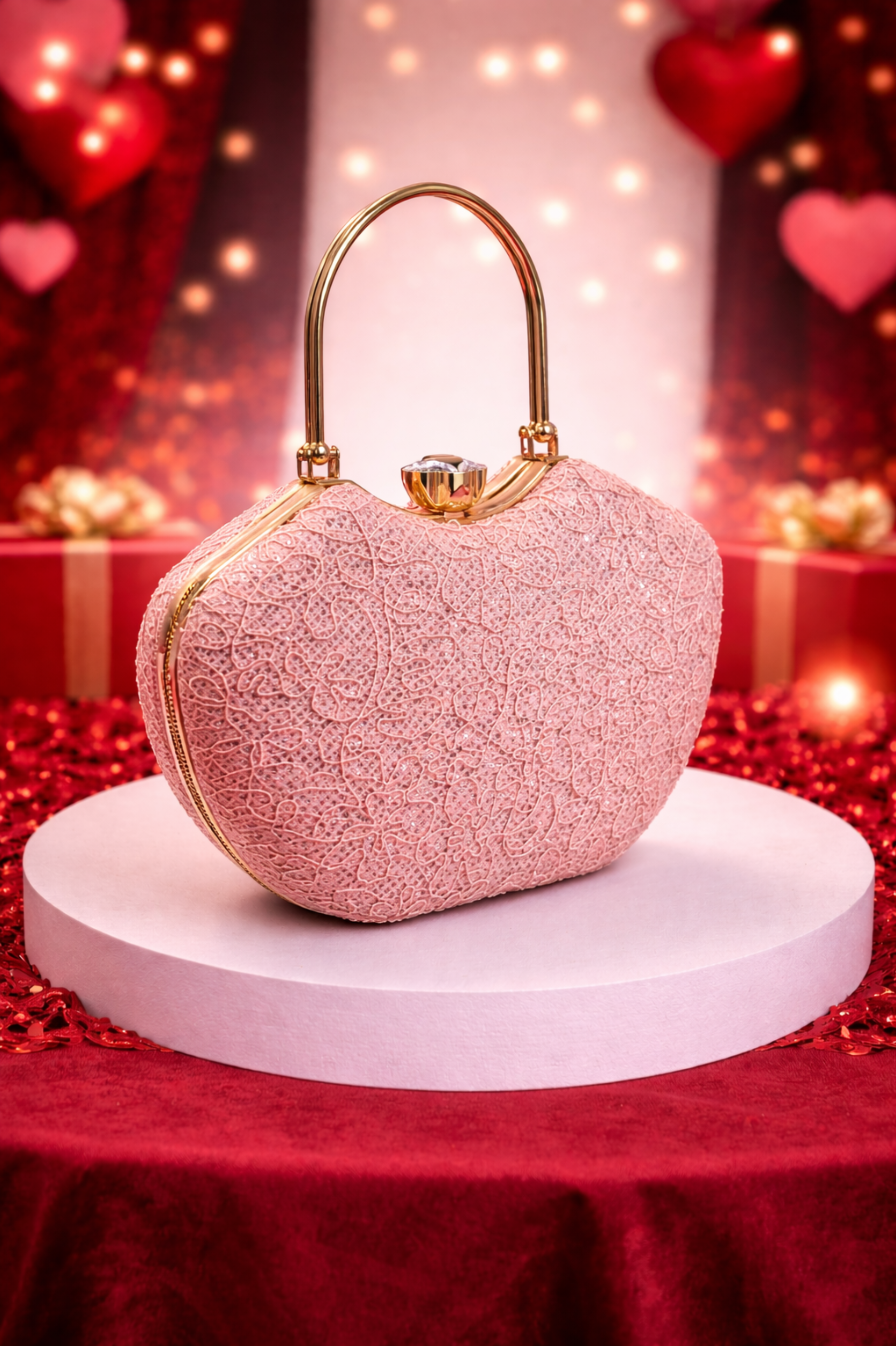Luxury Peach Embroidered Bridal Clutch with Metal Frame