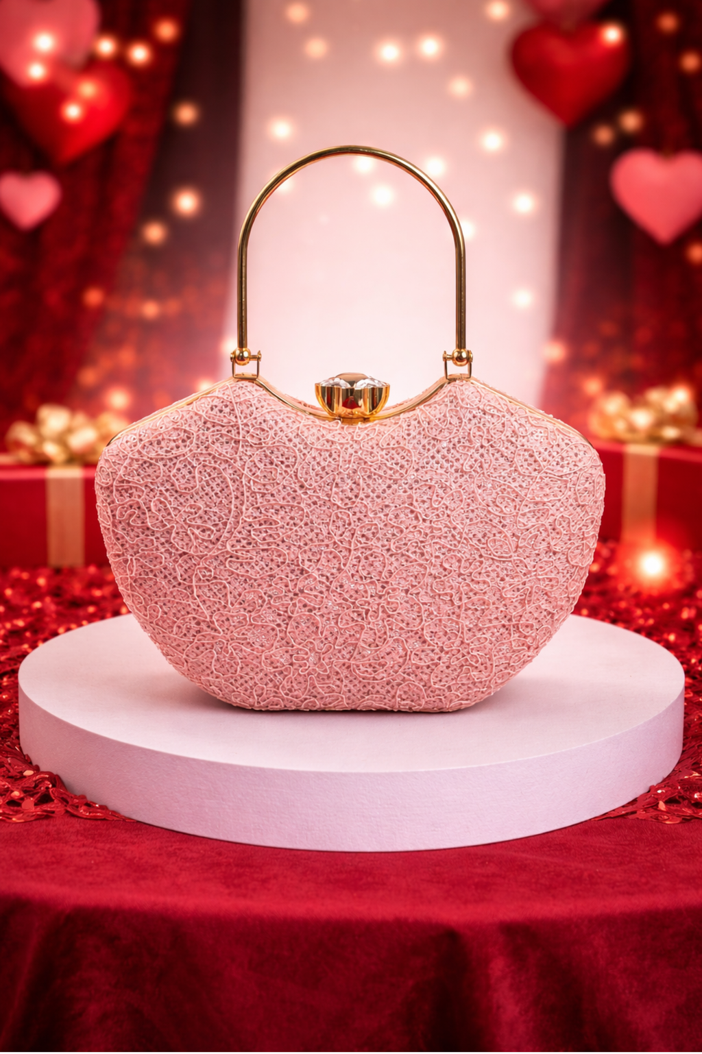 Luxury Peach Embroidered Bridal Clutch with Metal Frame
