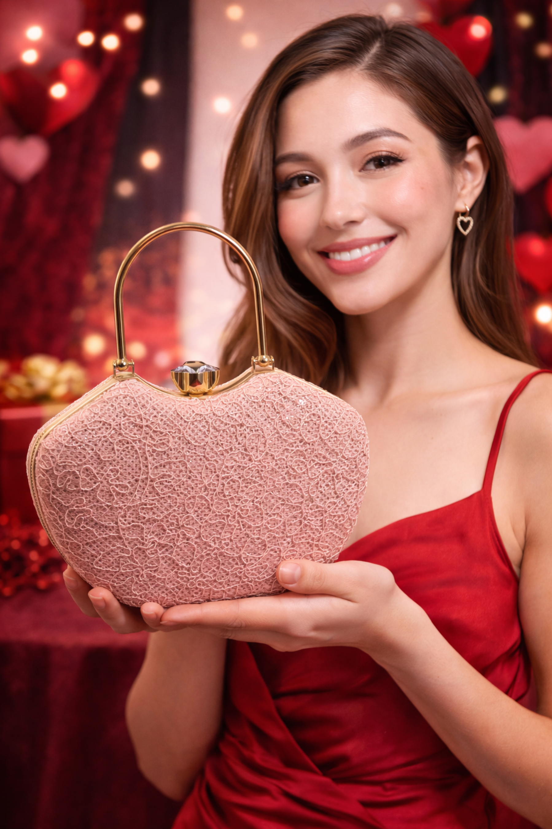 Luxury Peach Embroidered Bridal Clutch with Metal Frame