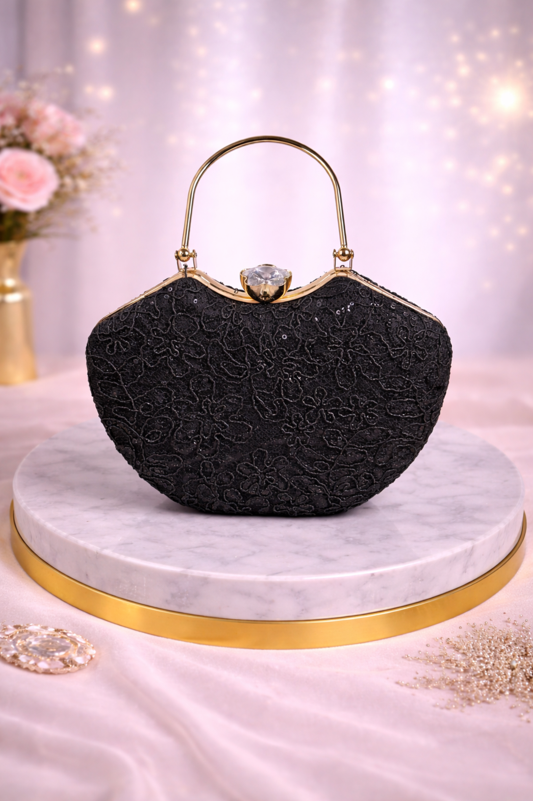 Elegant Black Embroidered Evening Clutch with Gold Metal Handle