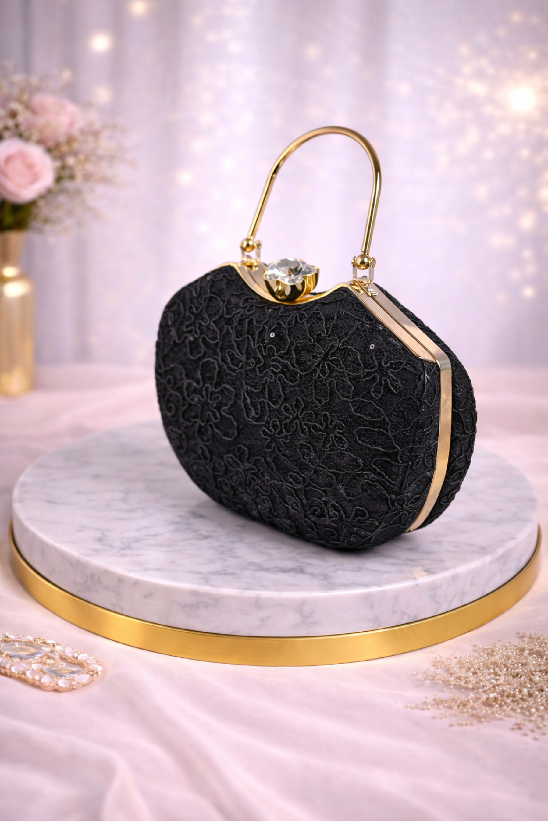 Elegant Black Embroidered Evening Clutch with Gold Metal Handle