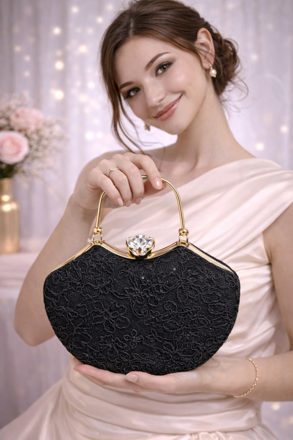 Elegant Black Embroidered Evening Clutch with Gold Metal Handle