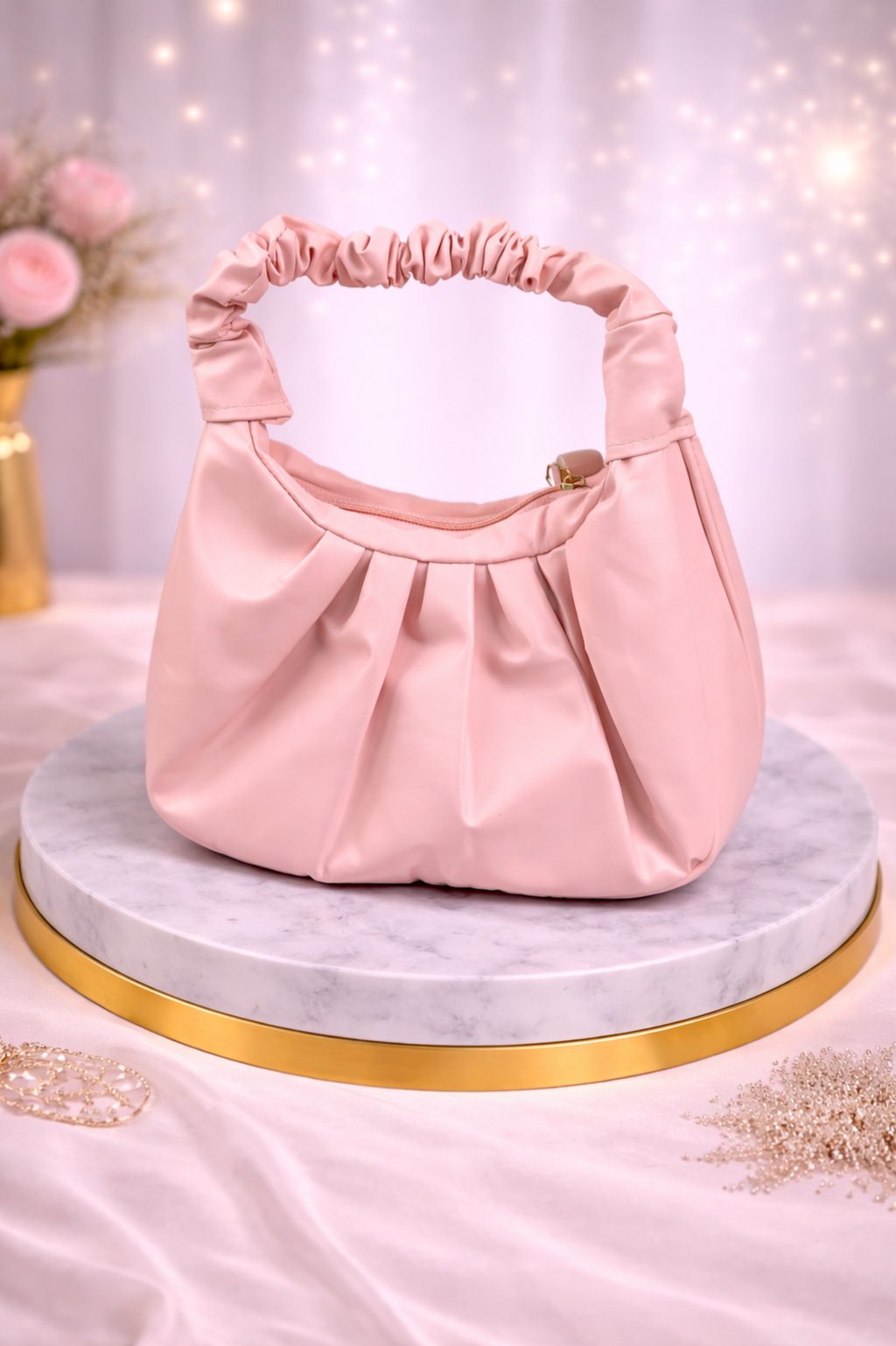 Trendy Blush Pink Soft Leatherette Shoulder Bag with Gathered Handle
