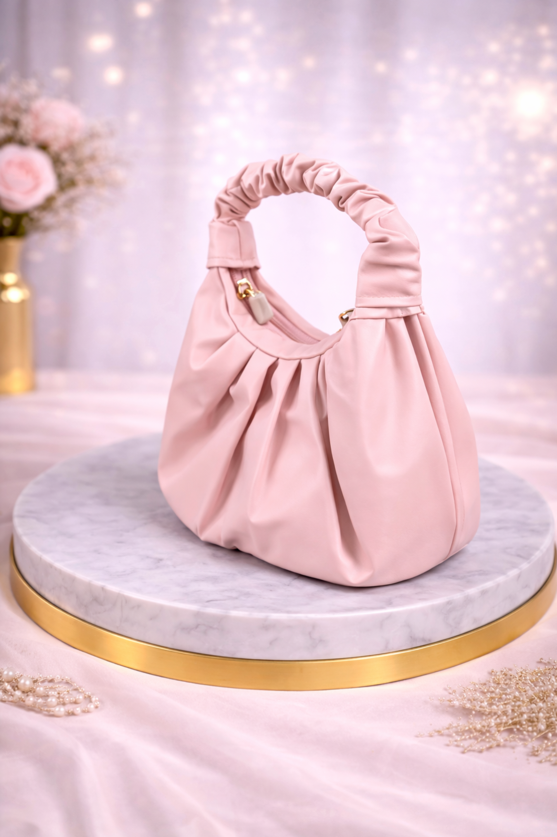 Trendy Blush Pink Soft Leatherette Shoulder Bag with Gathered Handle