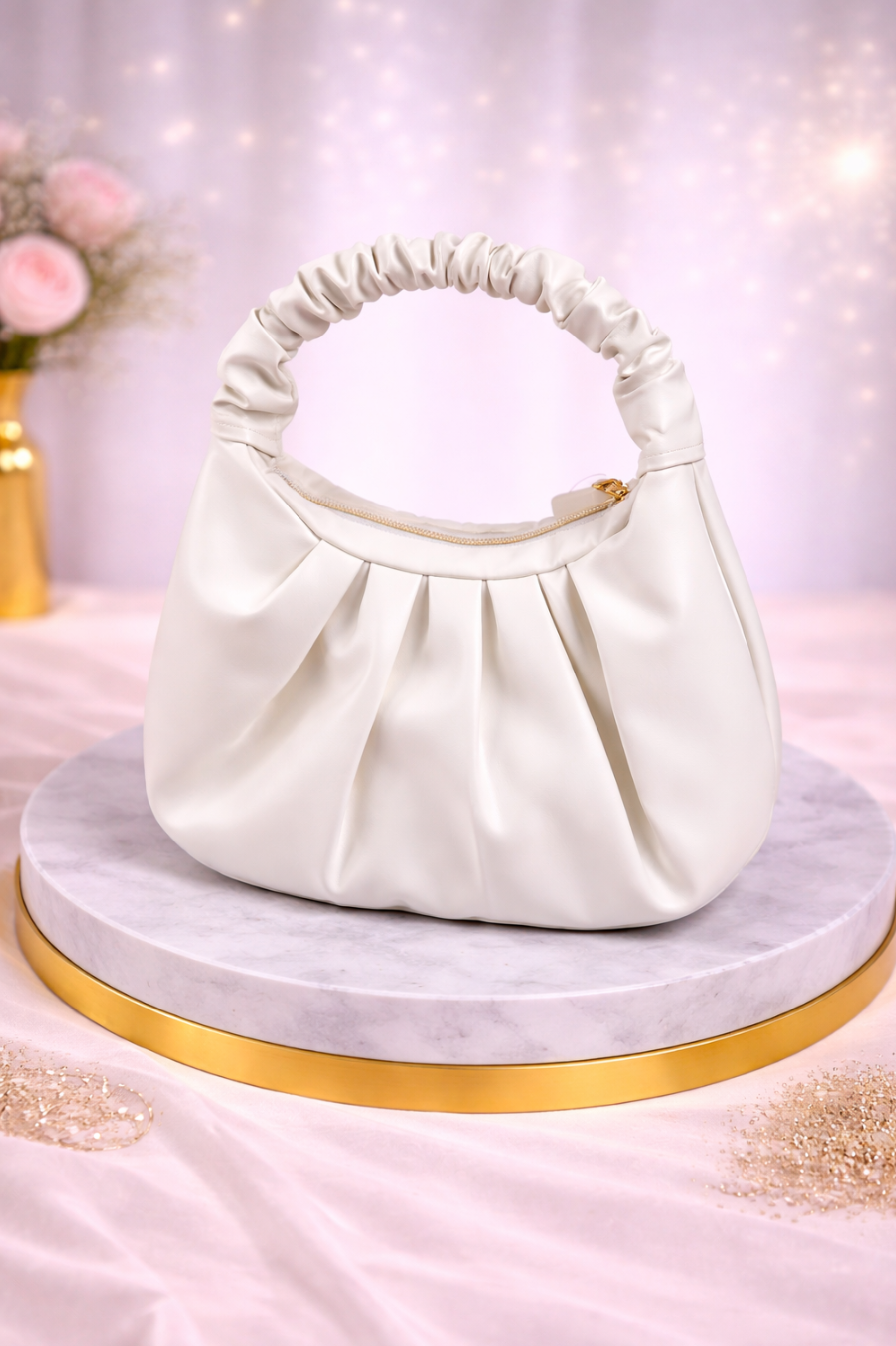 Trendy White Soft Hobo Bag with Gathered Strap