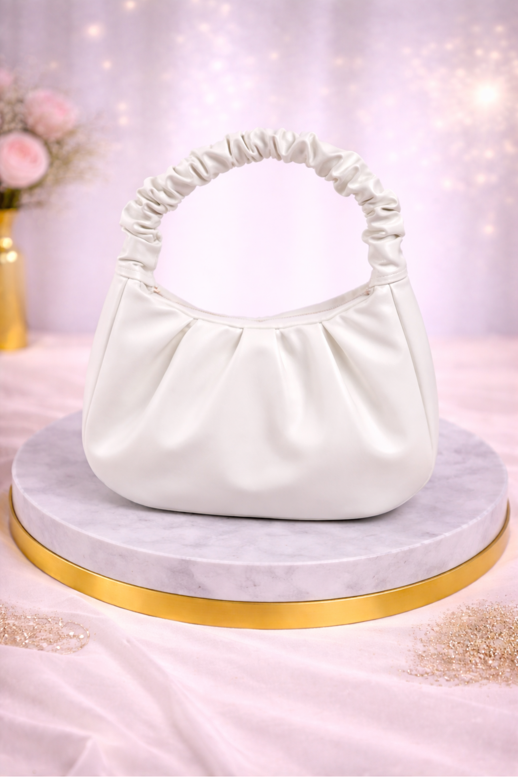 Trendy White Soft Hobo Bag with Gathered Strap