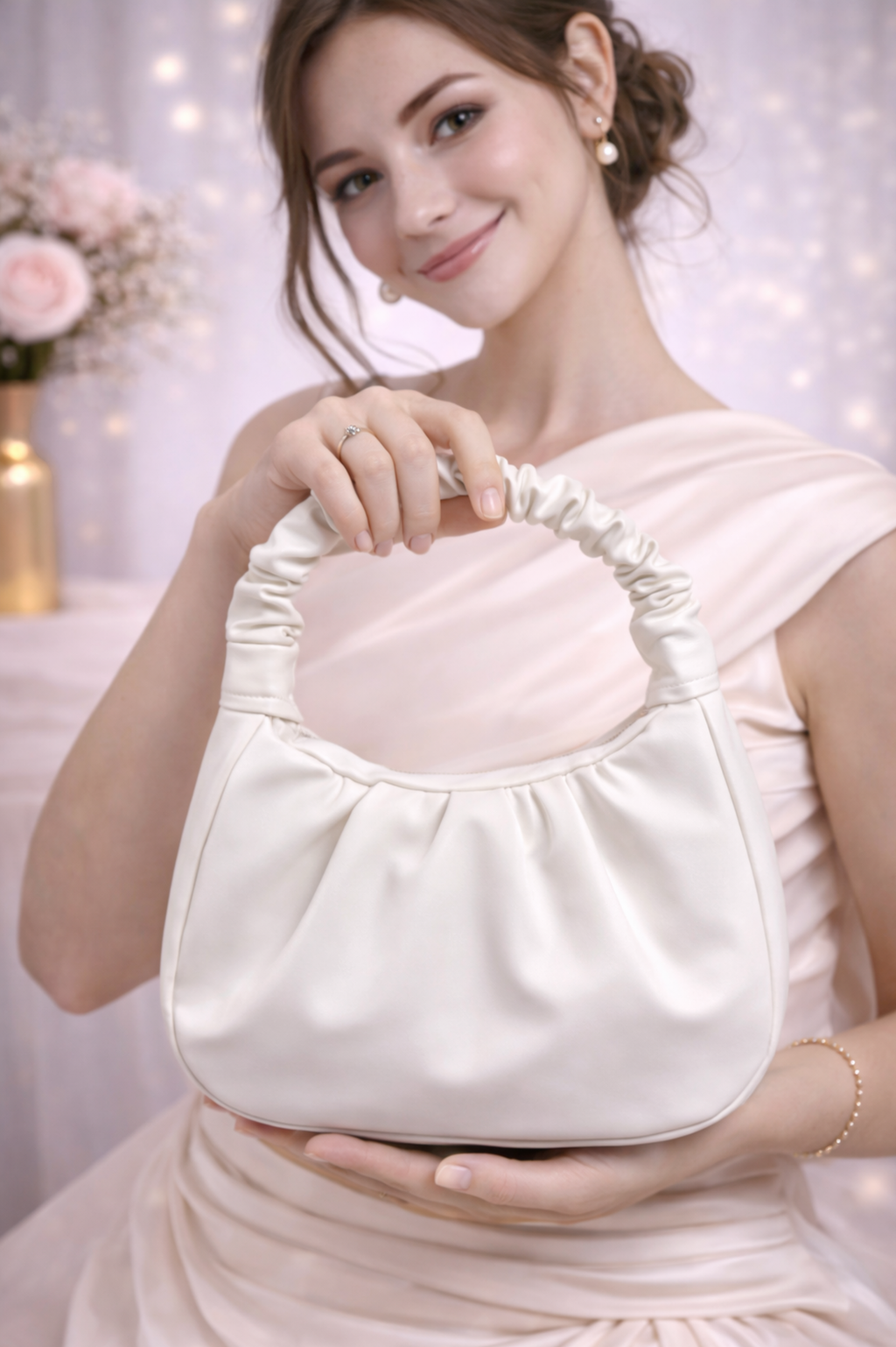 Trendy White Soft Hobo Bag with Gathered Strap