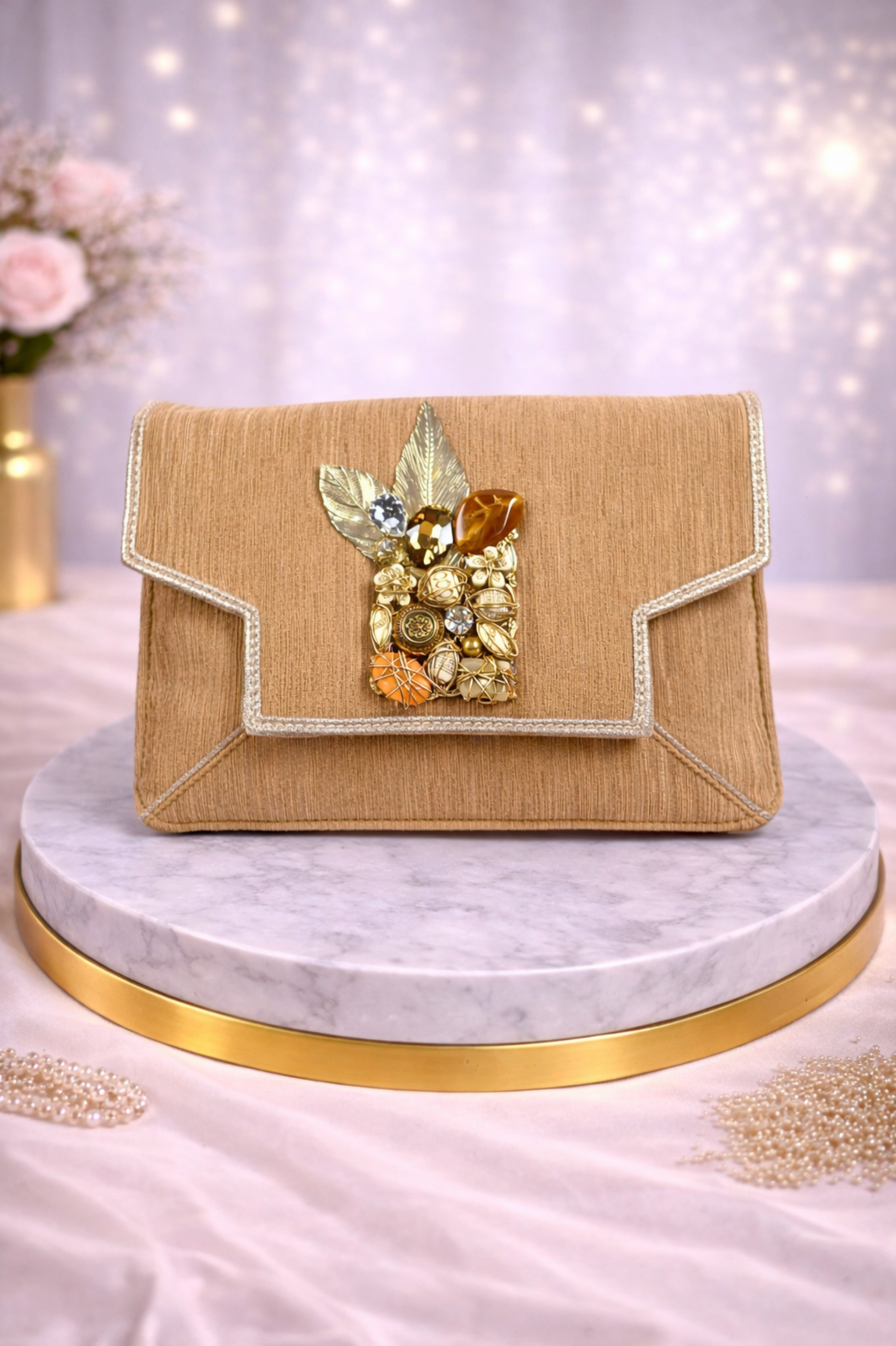 Luxury Beige Party Clutch with Statement Gemstone Brooch
