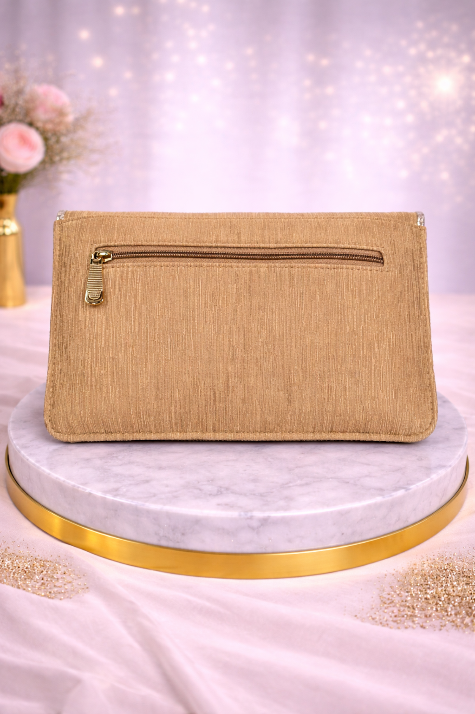 Luxury Beige Party Clutch with Statement Gemstone Brooch