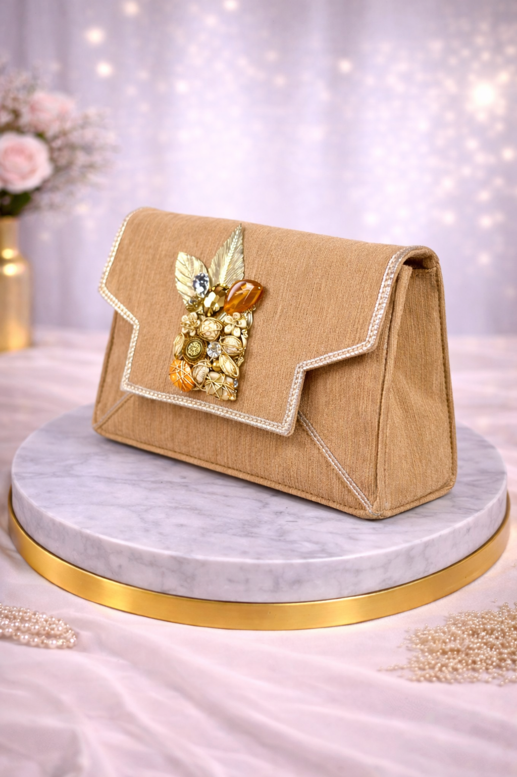 Luxury Beige Party Clutch with Statement Gemstone Brooch