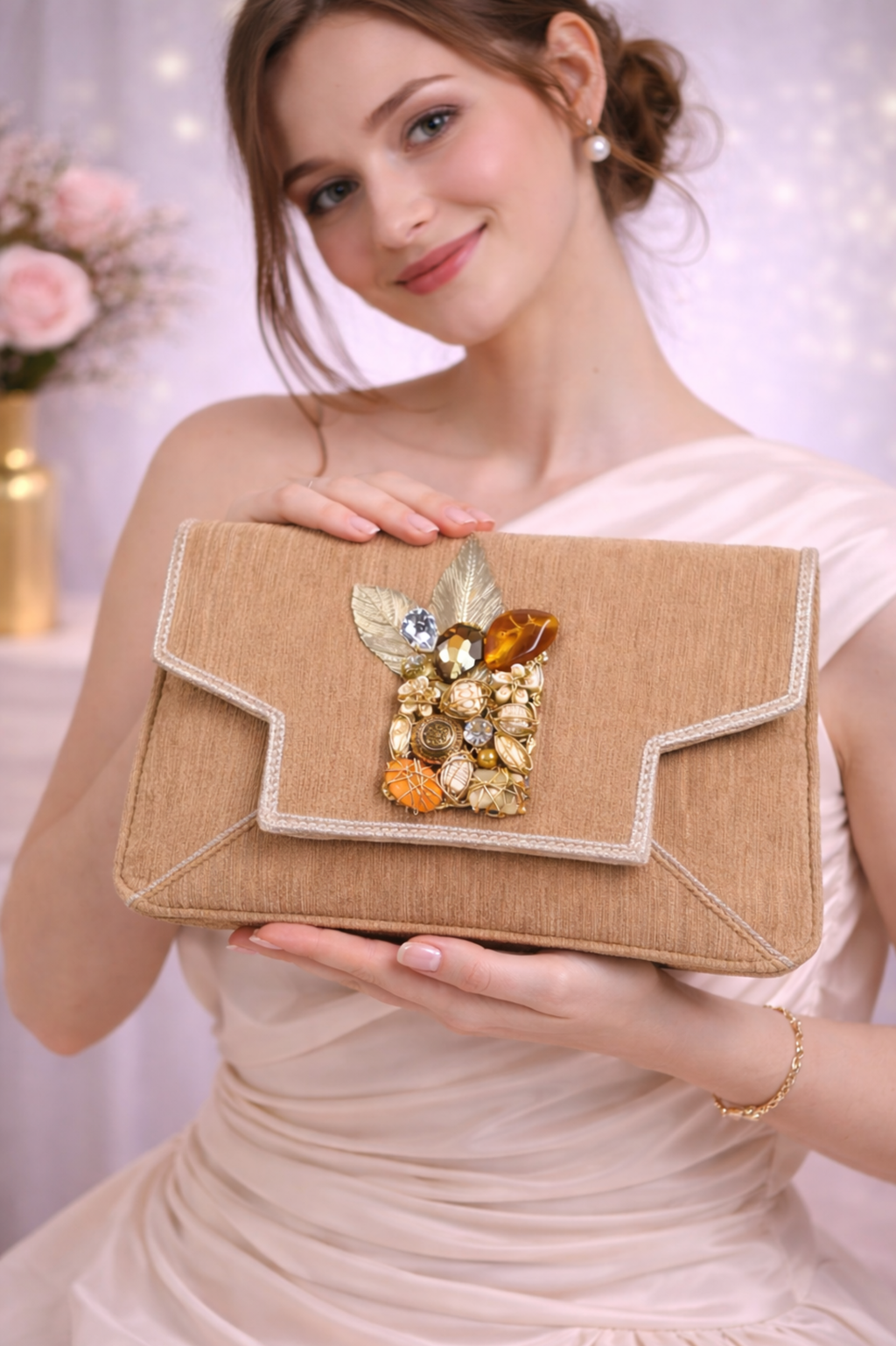 Luxury Beige Party Clutch with Statement Gemstone Brooch