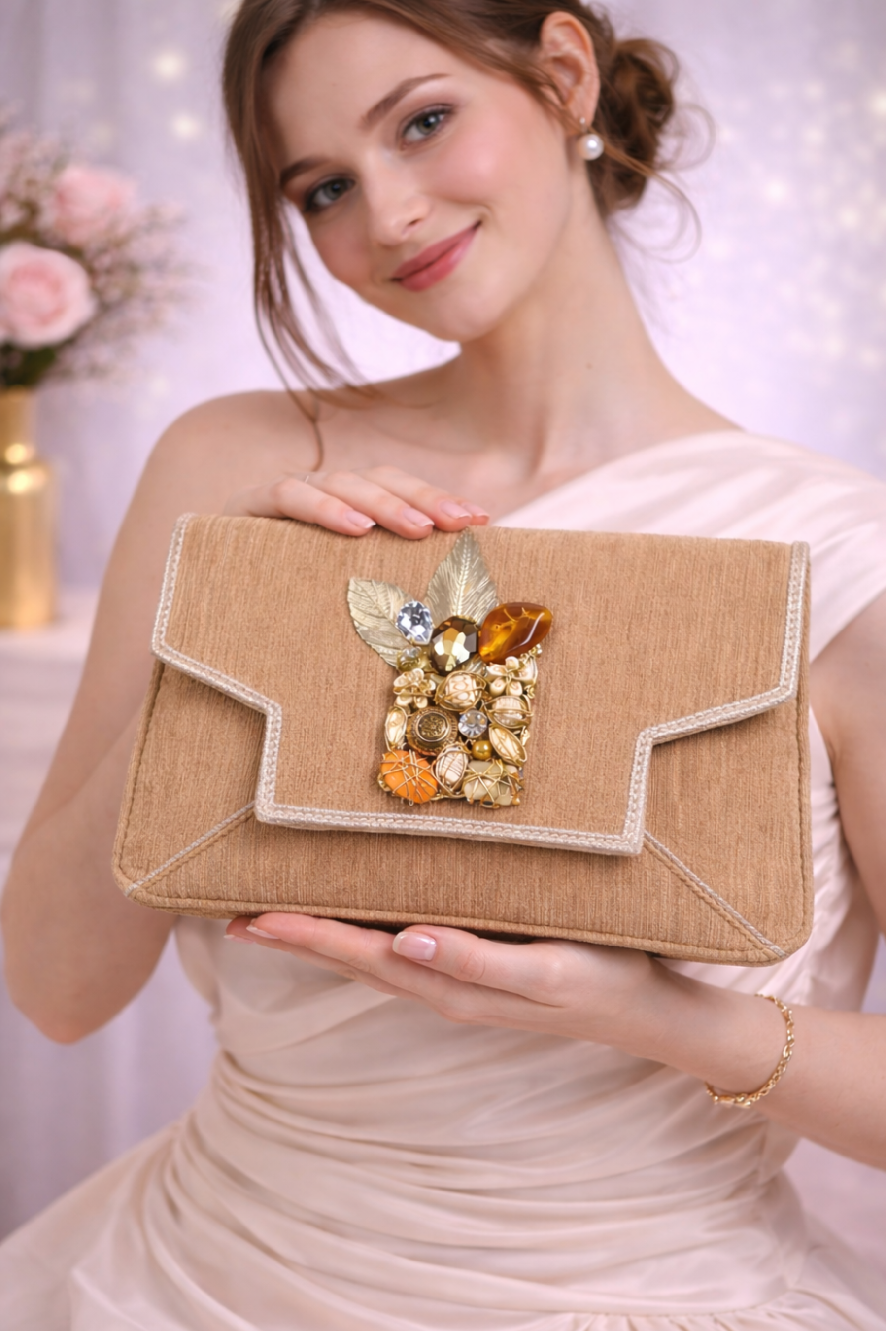 Luxury Beige Party Clutch with Statement Gemstone Brooch