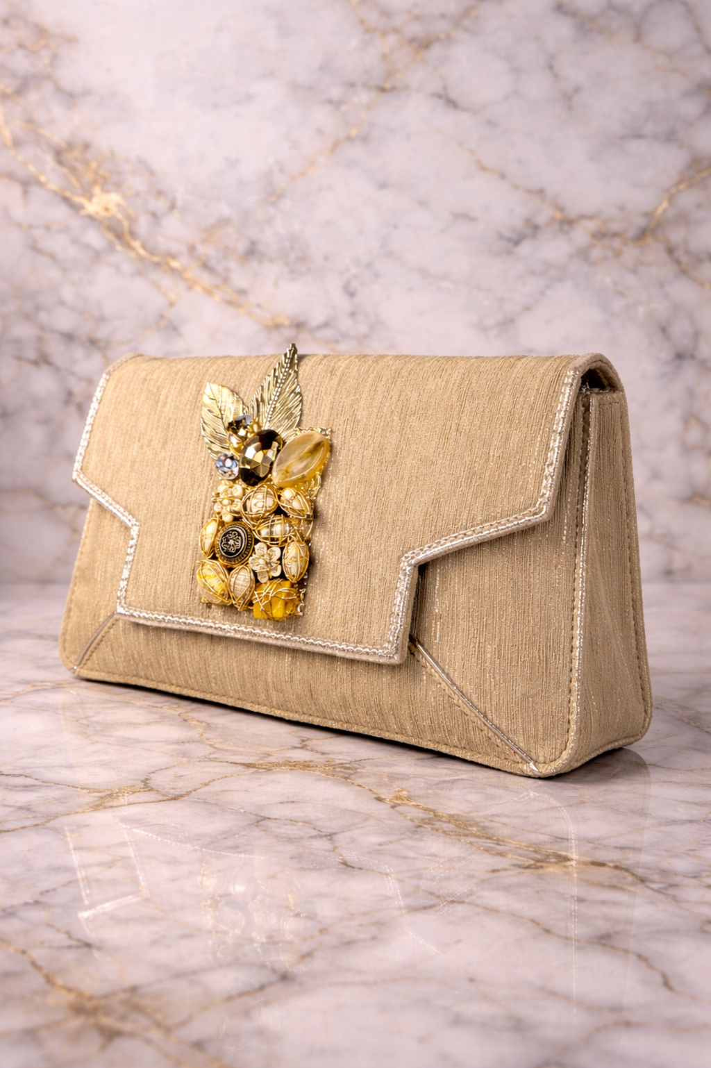 Luxury Beige Embroidered Party Clutch with Statement Stone & Leaf Brooch