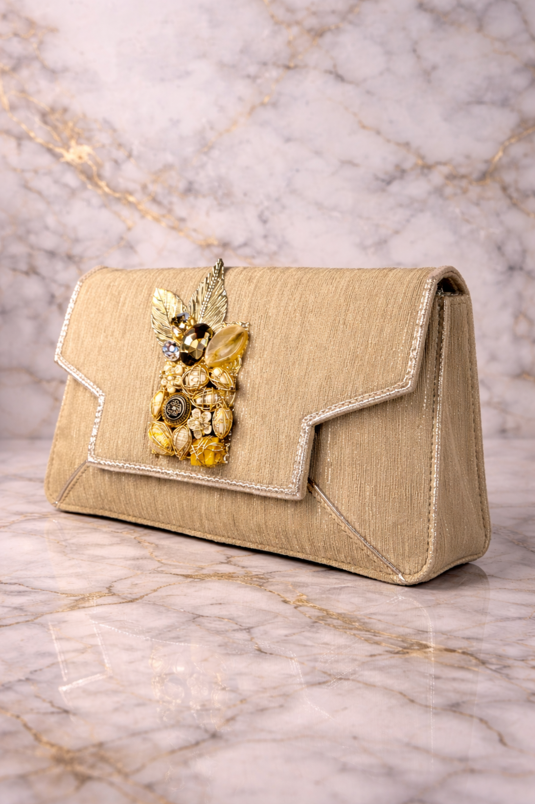 Luxury Beige Embroidered Party Clutch with Statement Stone & Leaf Brooch