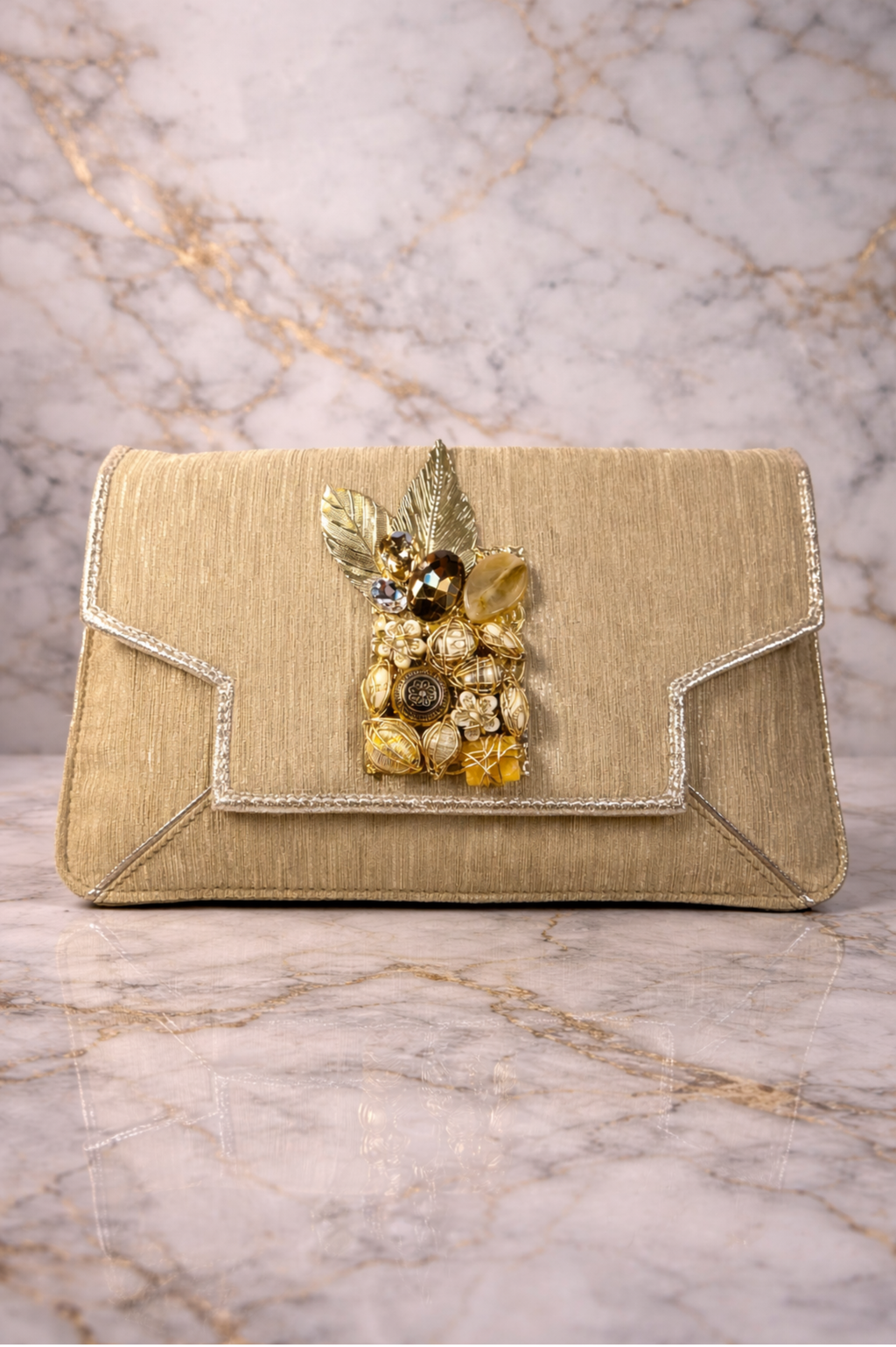 Luxury Beige Embroidered Party Clutch with Statement Stone & Leaf Brooch