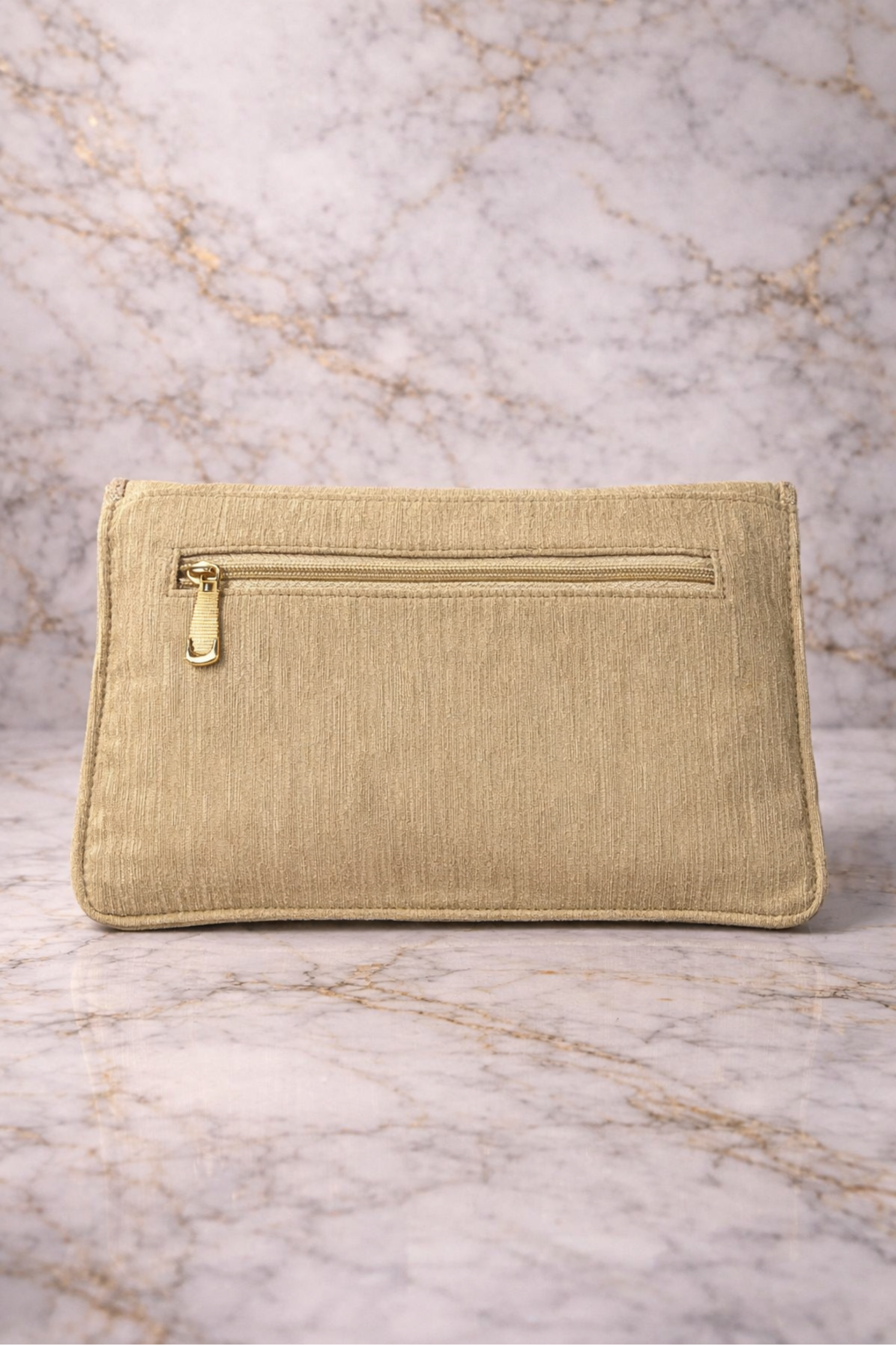 Luxury Beige Embroidered Party Clutch with Statement Stone & Leaf Brooch