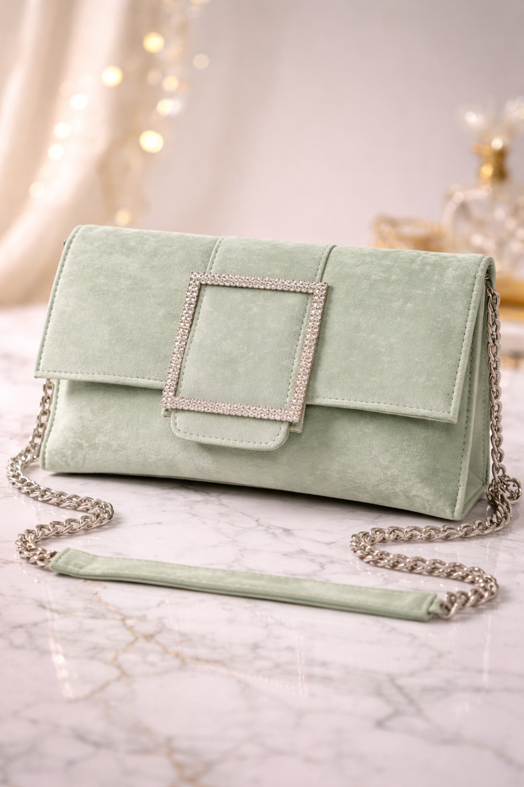 Luxury Mint Green Velvet Party Clutch with Crystal Square Buckle